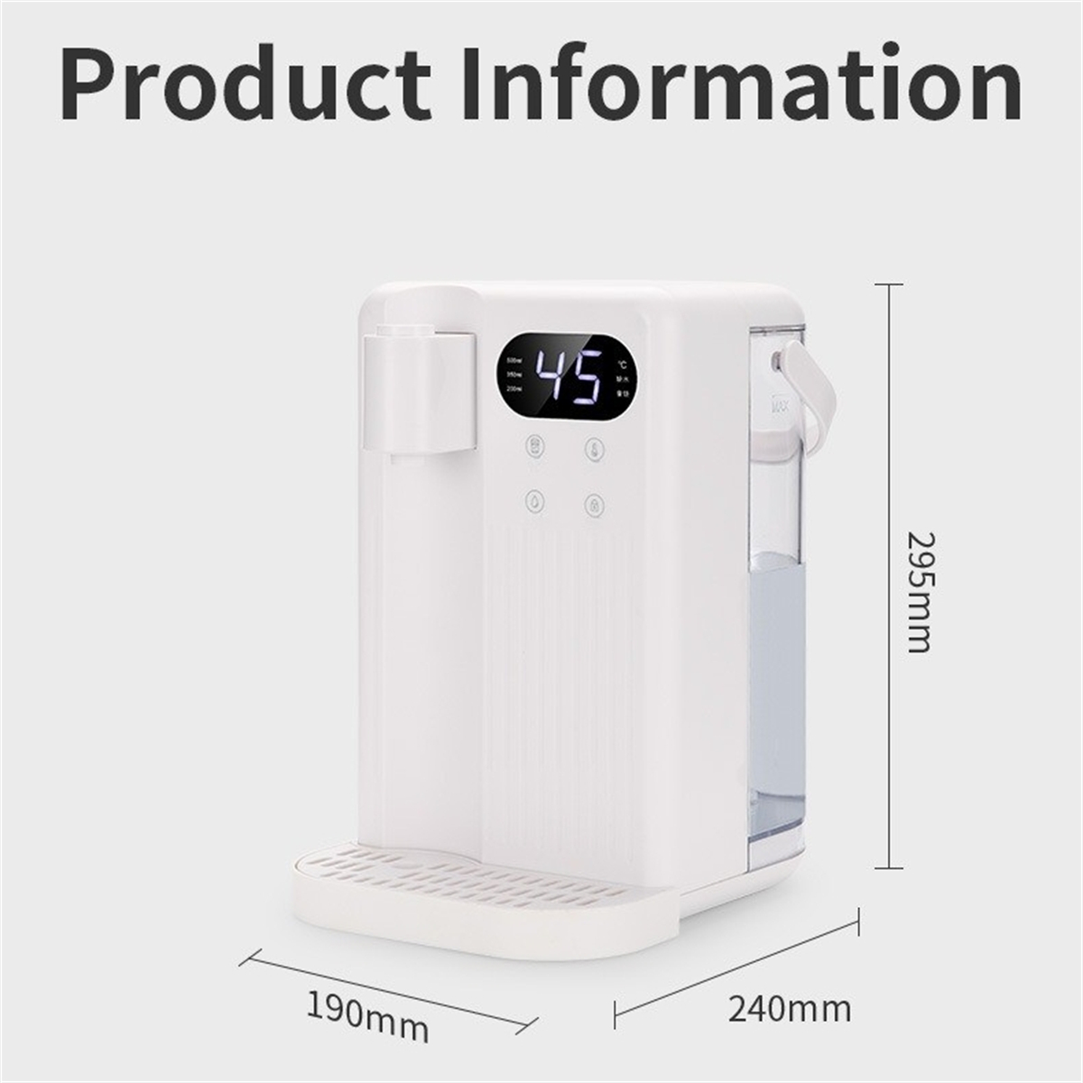 Weißer Wasserspender mit Digitalanzeige. Abmessungen angegeben. Weißer Hintergrund.