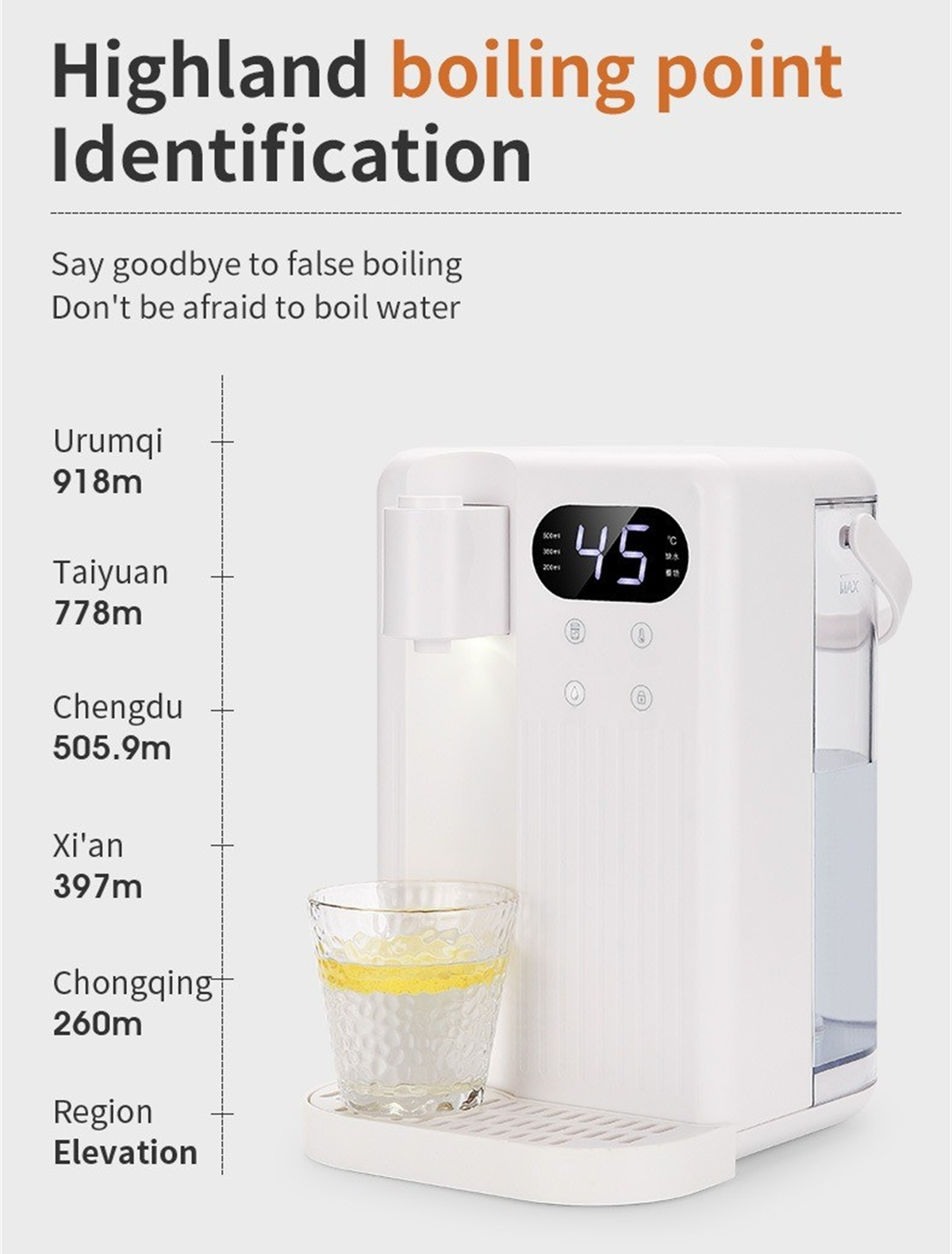 Ein weißer Wasserspender mit einem Glas Wasser, Temperaturanzeige und Höheninformationen.