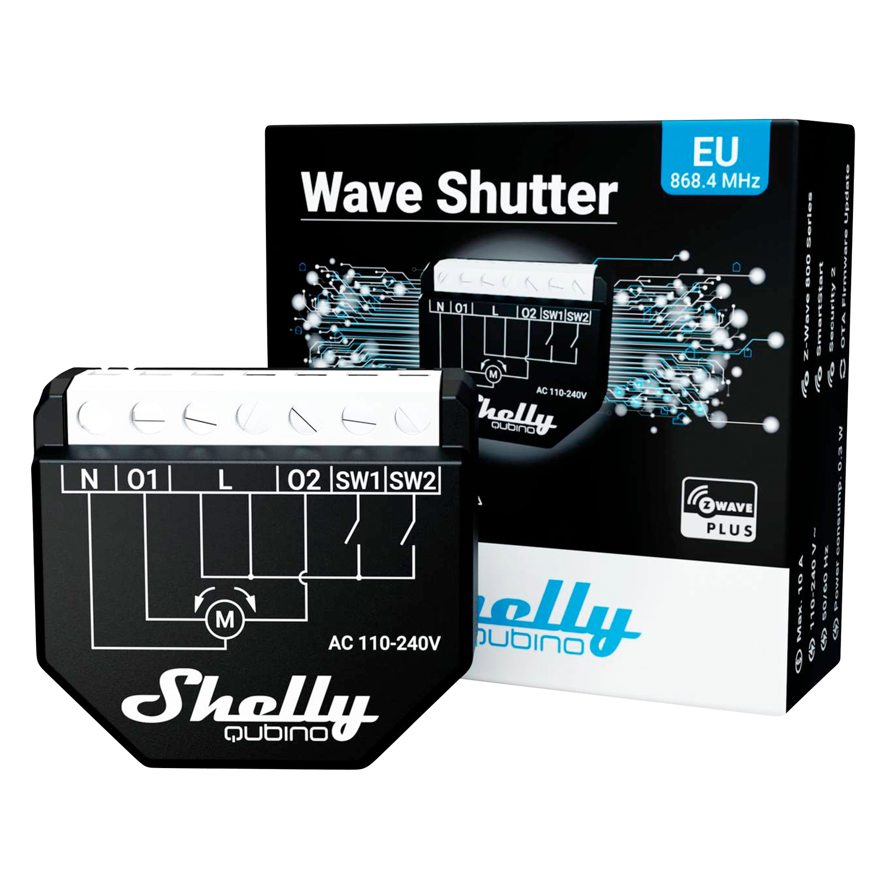 Ein schwarzes 'Wave Shutter'-Gerät und seine Box. Das Gerät hat Anschlüsse und ein 'Shelly Qubino'-Logo.