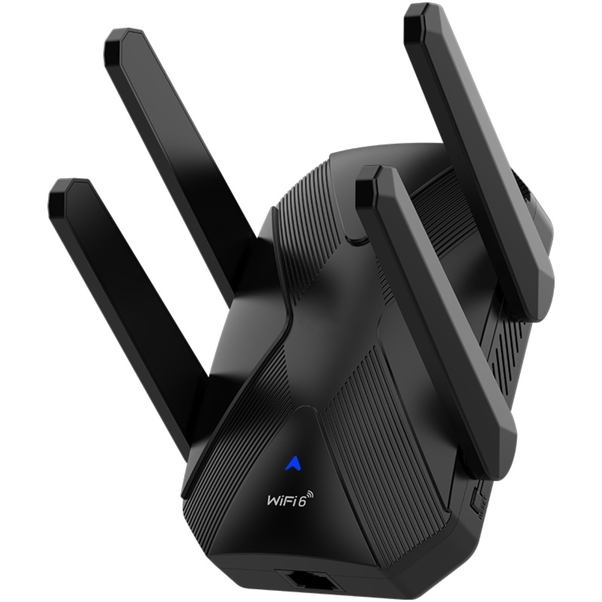 Schwarzer WiFi 6 Router mit Antennen. Er hat ein blaues Licht und die Worte WiFi 6 sind sichtbar.