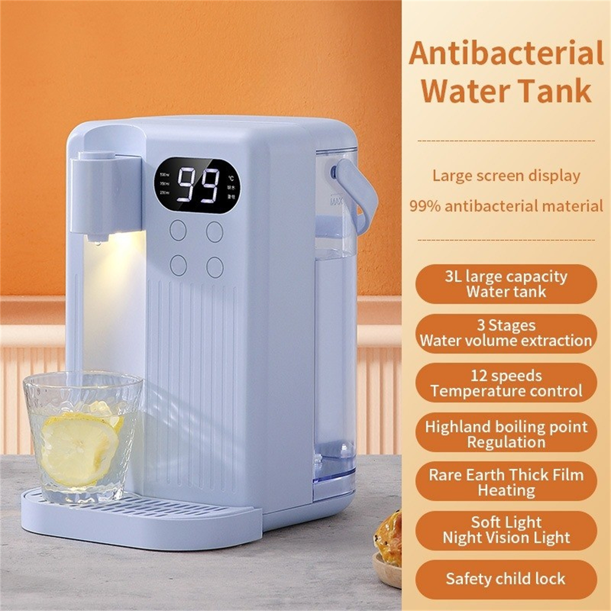 Wasserspender mit Digitalanzeige, Glas mit Zitronenscheibe und Text mit Hauptmerkmalen.