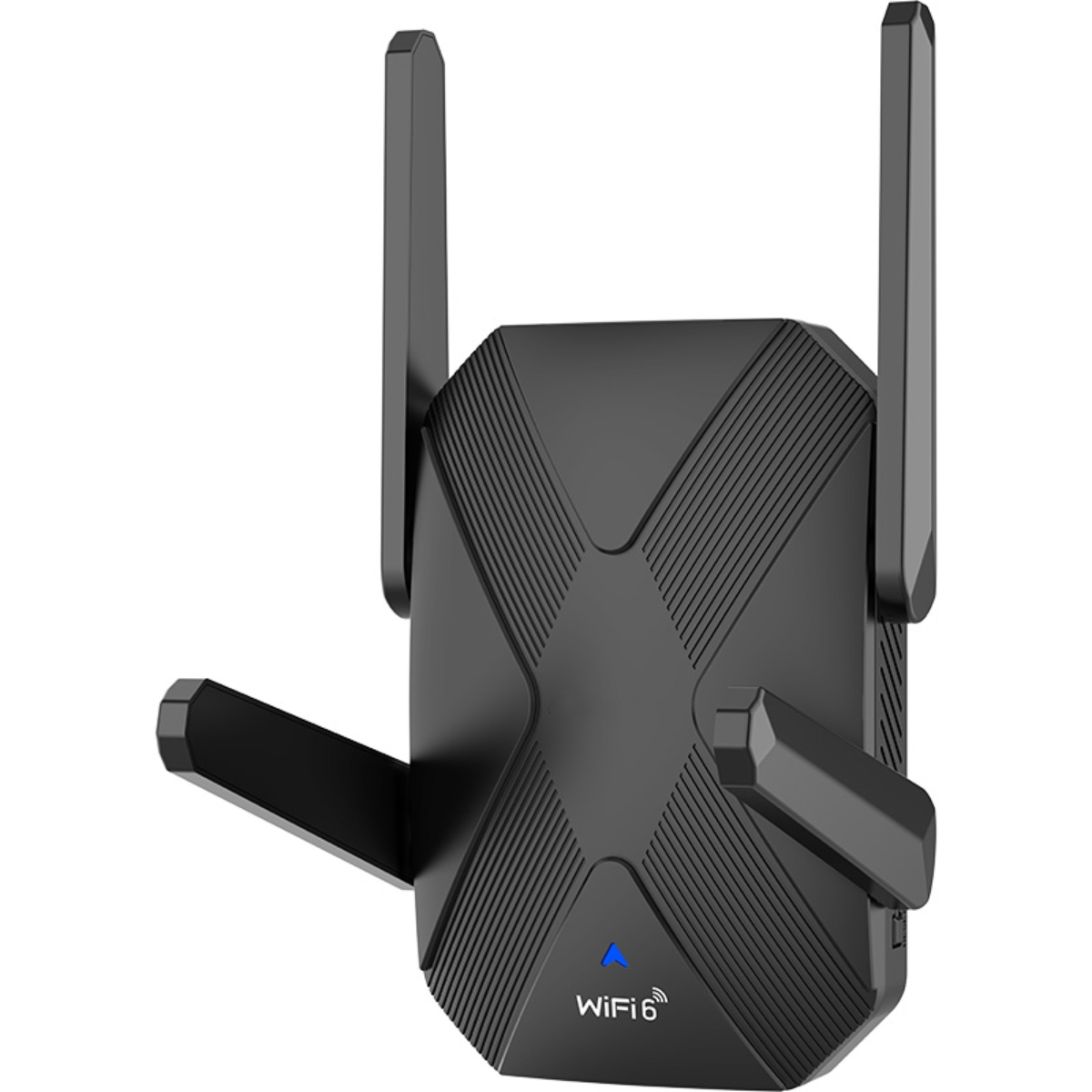Schwarzer WiFi 6 Router mit zwei Antennen. Das Gerät hat ein modernes, eckiges Design.