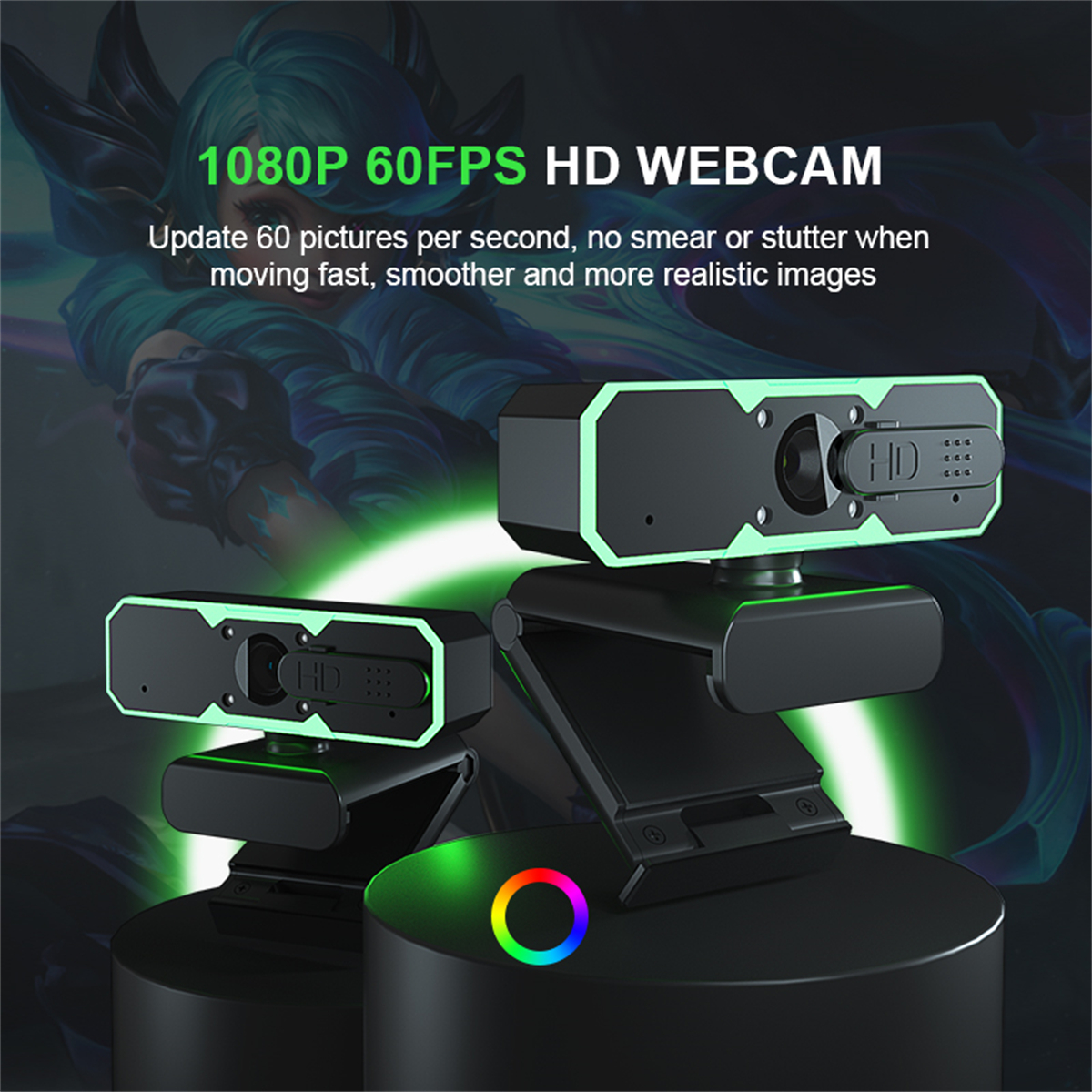 Zwei Webcams auf einem Ständer. Die Webcams sind schwarz mit grünen Lichtern. Ein farbenfroher Kreis.
