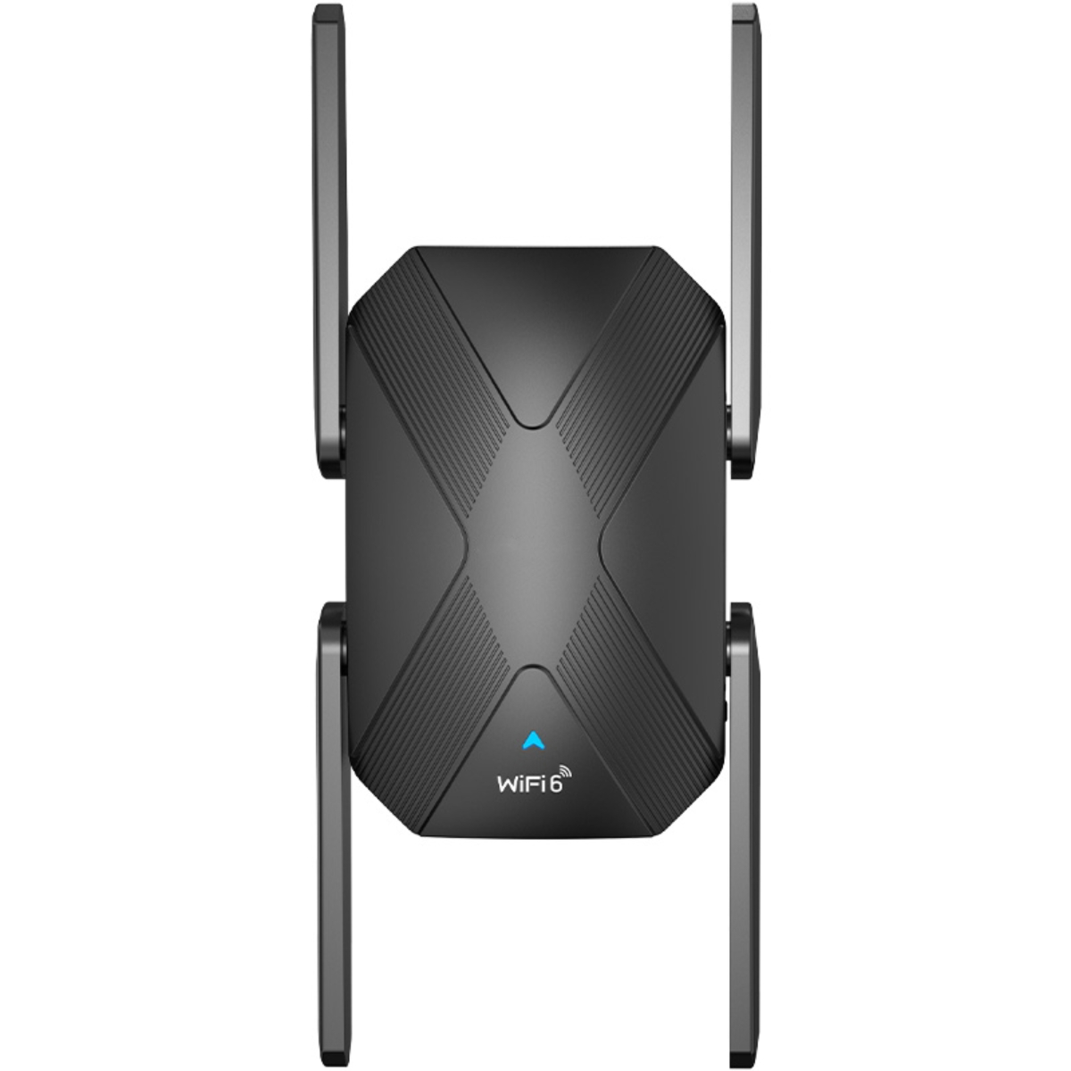 Ein schwarzer WiFi 6 Router mit zwei Antennen. Der Router ist rechteckig mit blauem WiFi 6 Logo.
