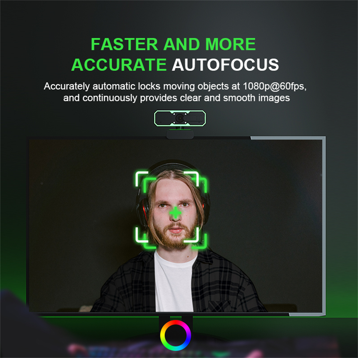 Ein Mann mit Kopfhörern vor einem Monitor. Text: 'Schneller und genauer Autofokus'.
