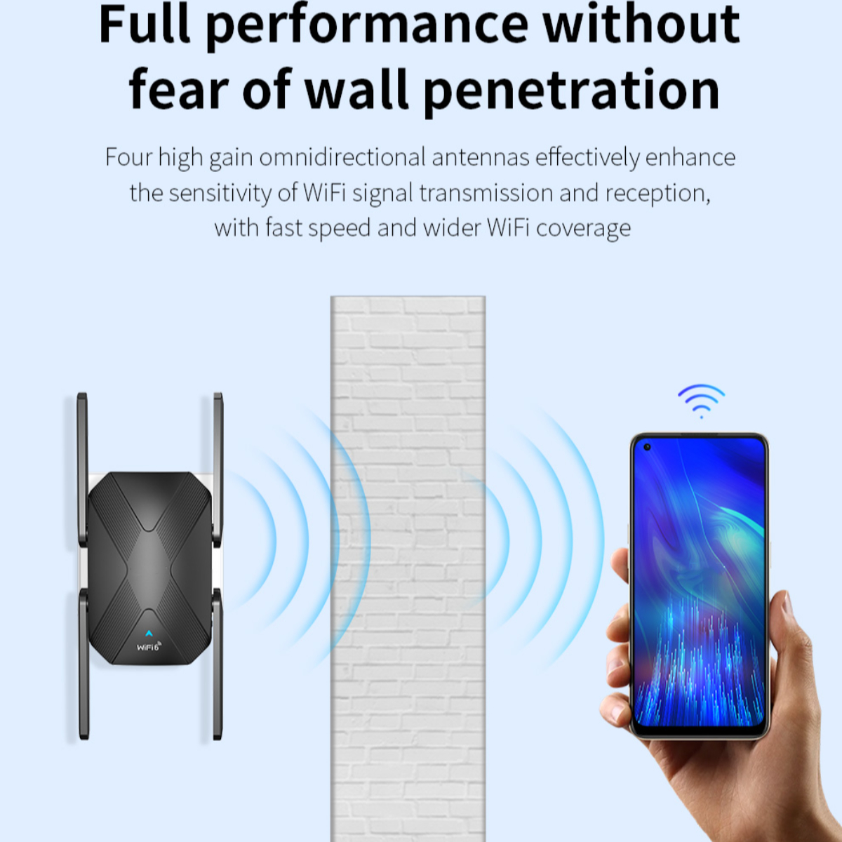 WLAN-Repeater mit Antennen und ein Telefon mit WLAN-Signalbalken.