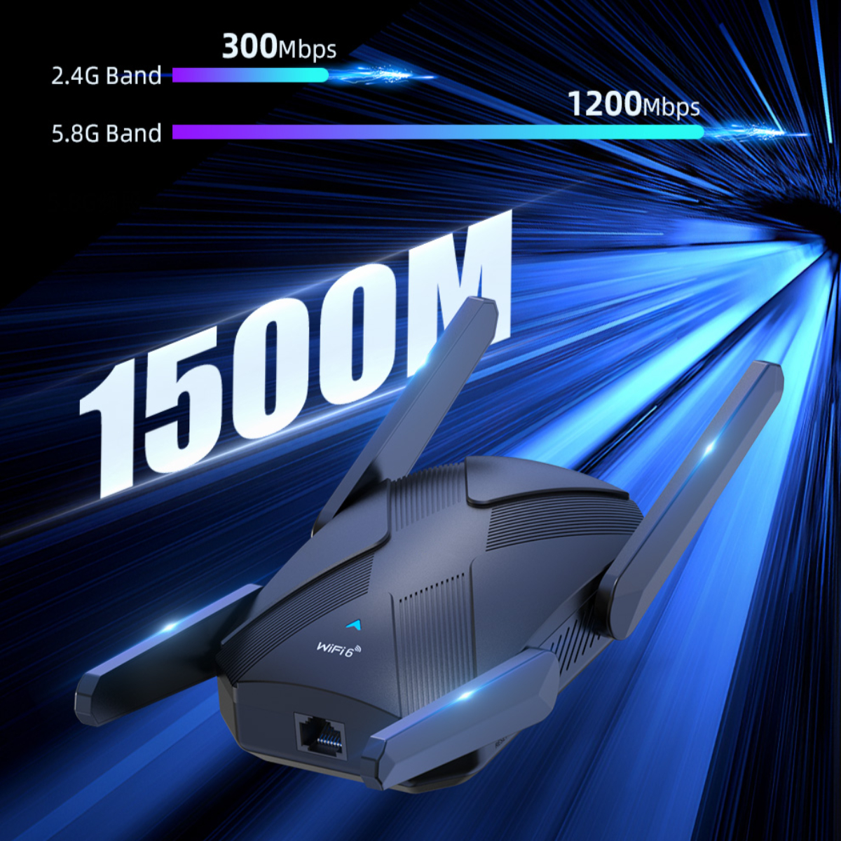 Ein schwarzer Router mit 2,4G- und 5,8G-Band-Details und dem Text '1500M'.