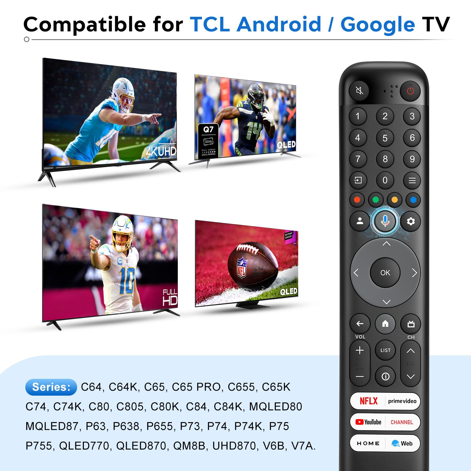 Eine TCL TV-Fernbedienung mit mehreren Tasten und einer Liste kompatibler TV-Serien.