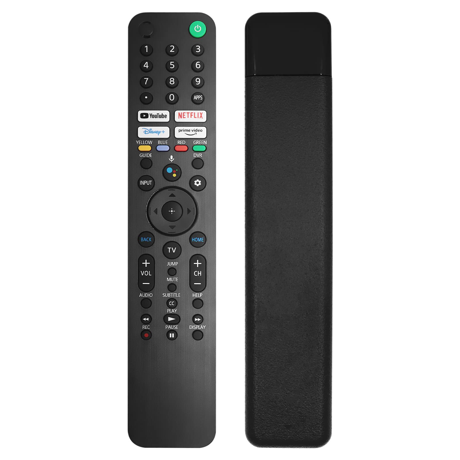 Eine schwarze TV-Fernbedienung mit Tasten, Beschriftungen und einer Rückseite.