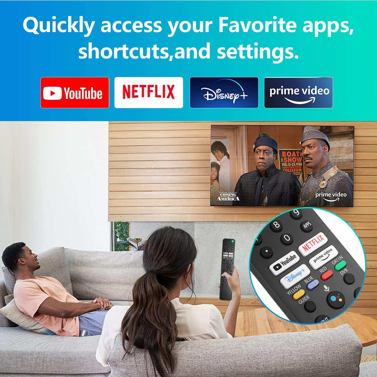 Personen auf Sofa schauen Fernsehen mit Fernbedienung. TV zeigt YouTube, Netflix, Disney+, Prime Video.