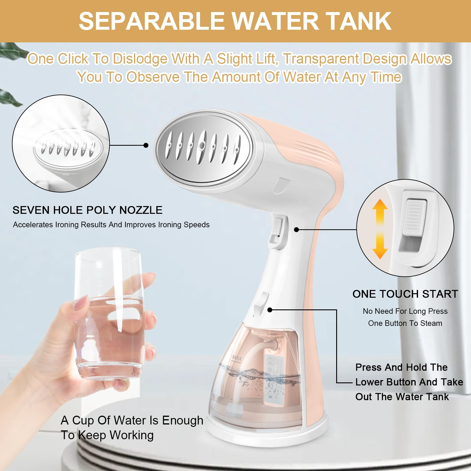 Ein weißer und pfirsichfarbener Kleidungsdampfer mit Wassertank und einer Hand, die ein Glas Wasser hält.