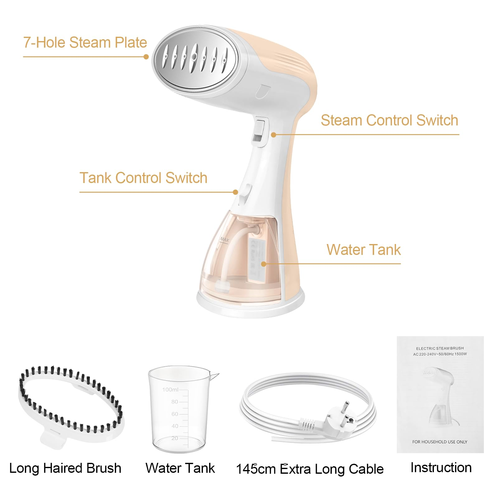 Eine weiße und beige Dampfbürste mit Zubehör, einschließlich Bürste und Wassertank.