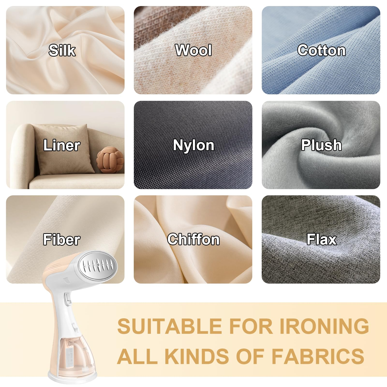 Stoffe: Seide, Wolle, Baumwolle, Futter, Nylon, Plüsch, Faser, Chiffon und Flachs mit Dampfer.
