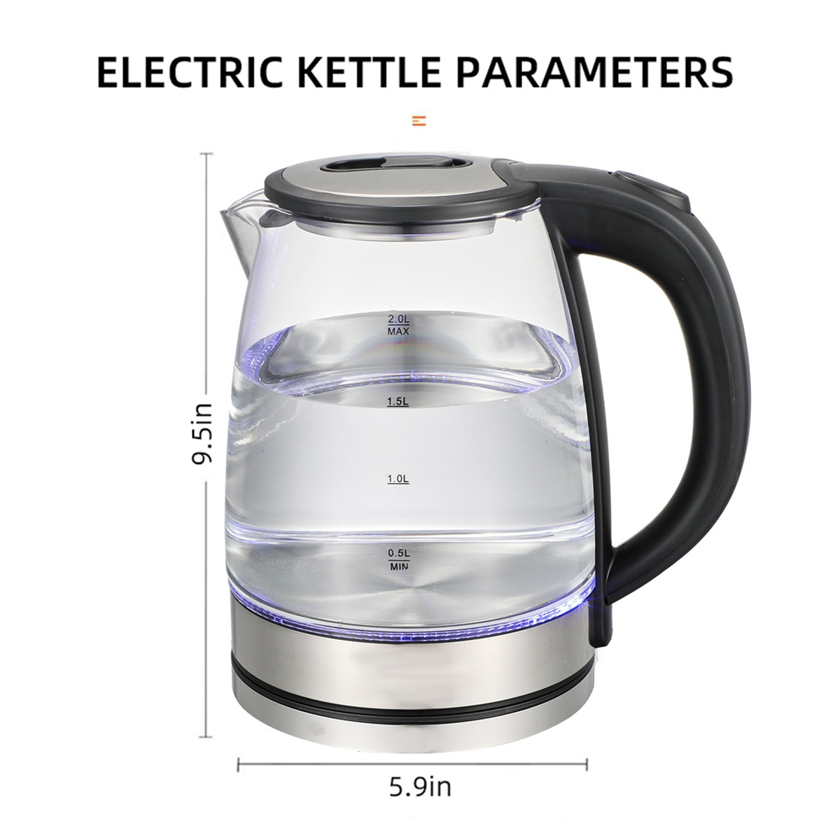 Ein klarer elektrischer Wasserkocher mit Wasser, schwarzem Griff und Maßen an der Seite.