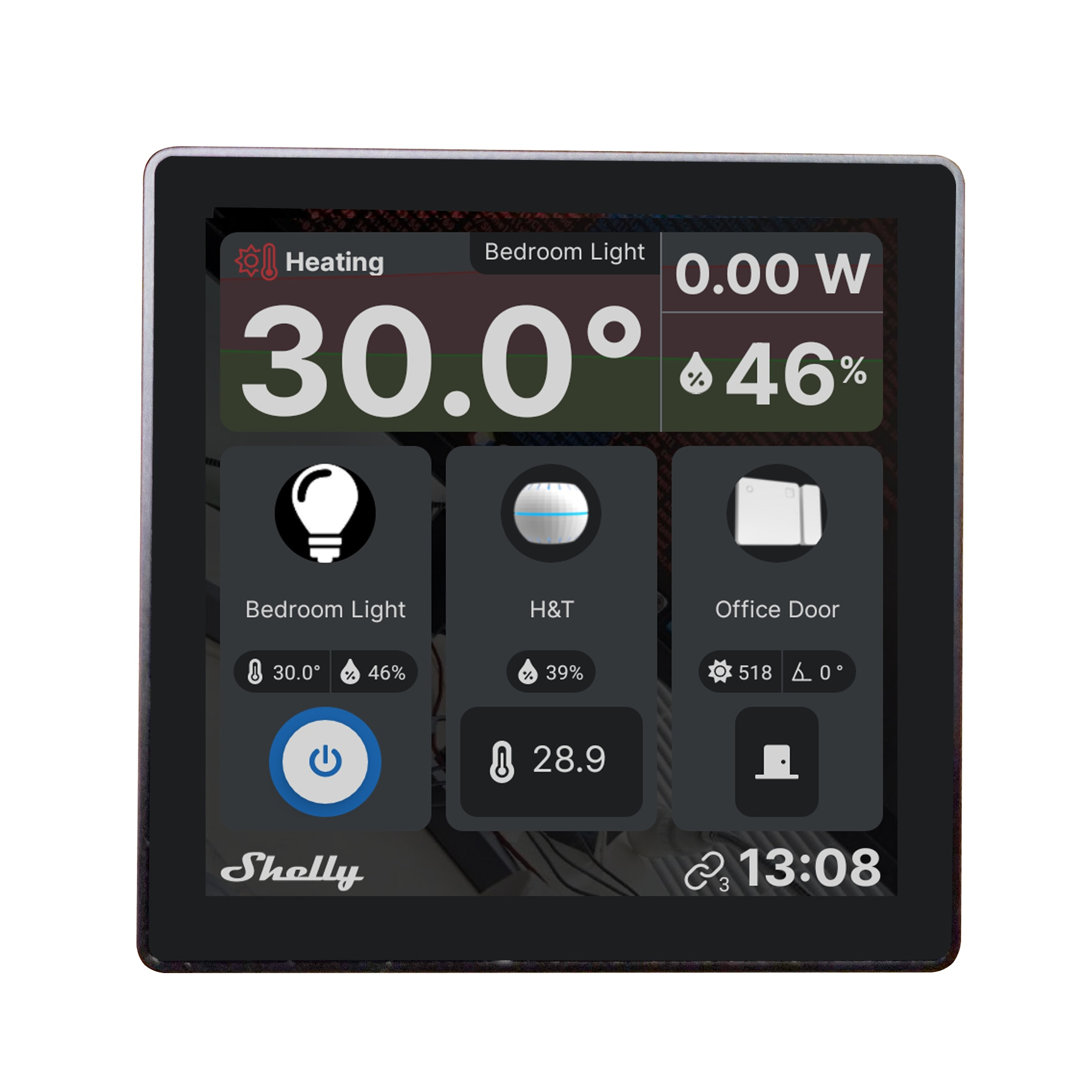 Panel de control de hogar inteligente. Muestra temperatura, luz y consumo de energía.
