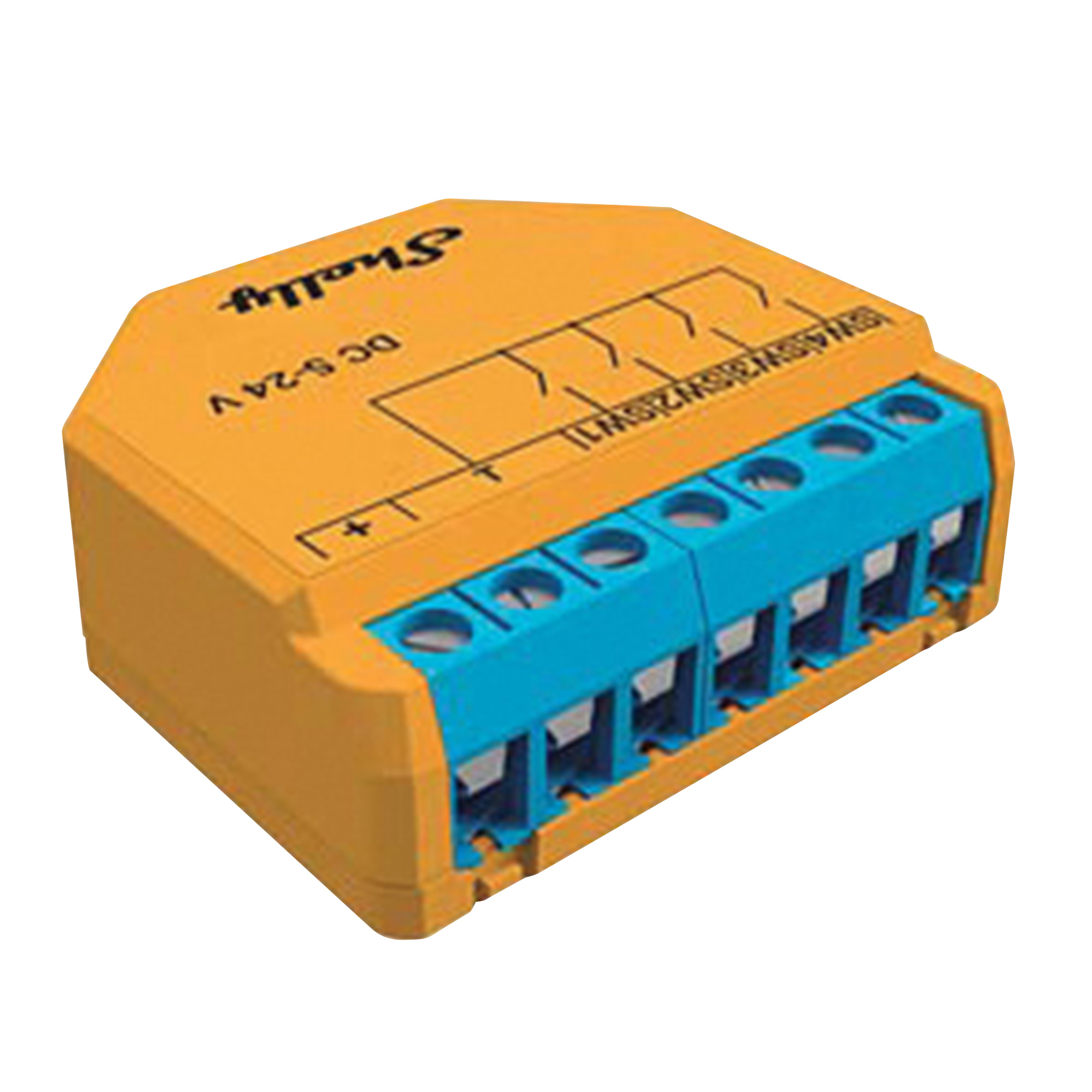 Orangefarbene rechteckige elektronische Komponente mit blauen Anschlüssen. Es hat schwarzen Text und einen weißen Hintergrund.