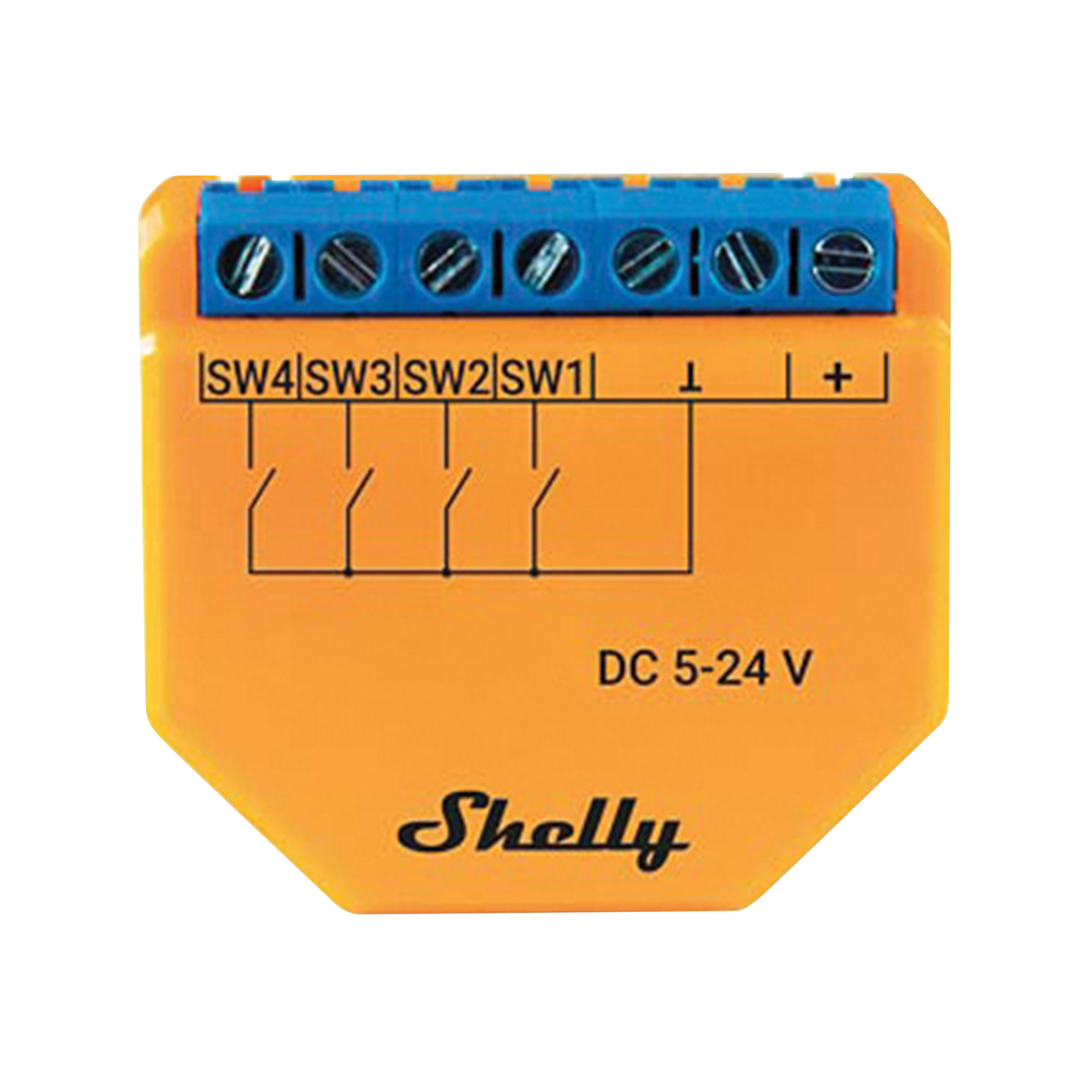 Orangenes Shelly Smart Home Modul mit Klemmen und Anschlussdiagrammen.