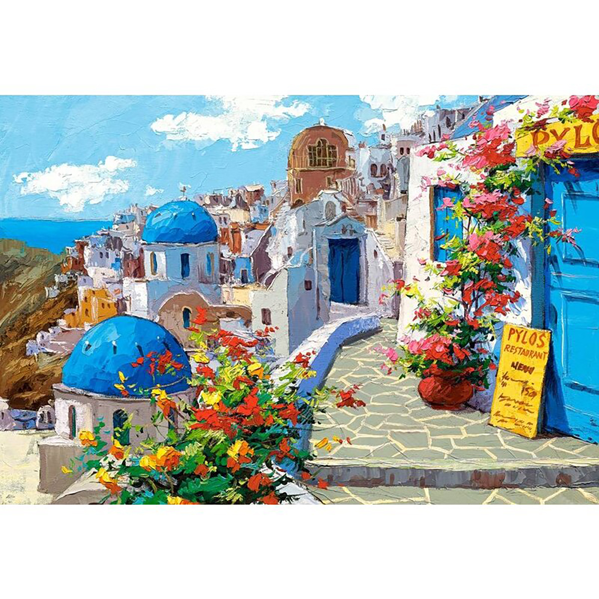 Oil painting of a coastal Greek village with blue domes and flowers.