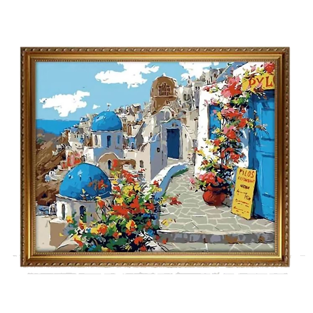 Painting of a Greek village with blue domes and flowers on a street, framed in a golden frame.