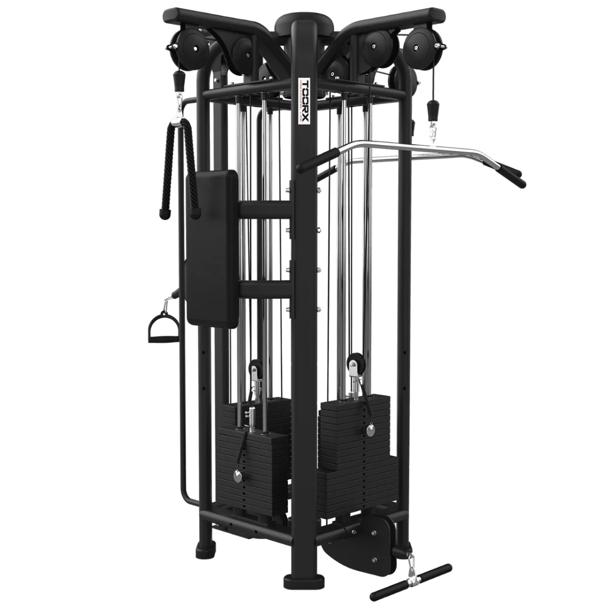 Appareil de musculation multi-stations noir. Il possède des poids, des poulies et diverses poignées pour l'exercice.