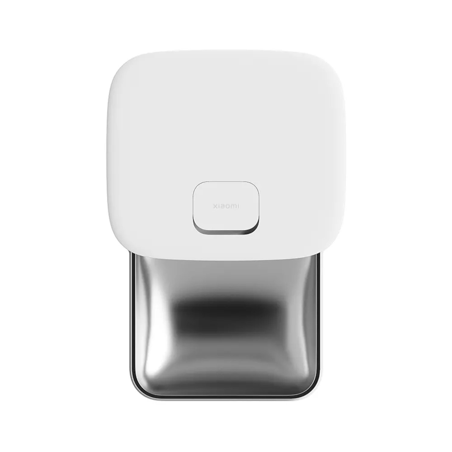 Biały dozownik karmy dla zwierząt ze stalową miską.