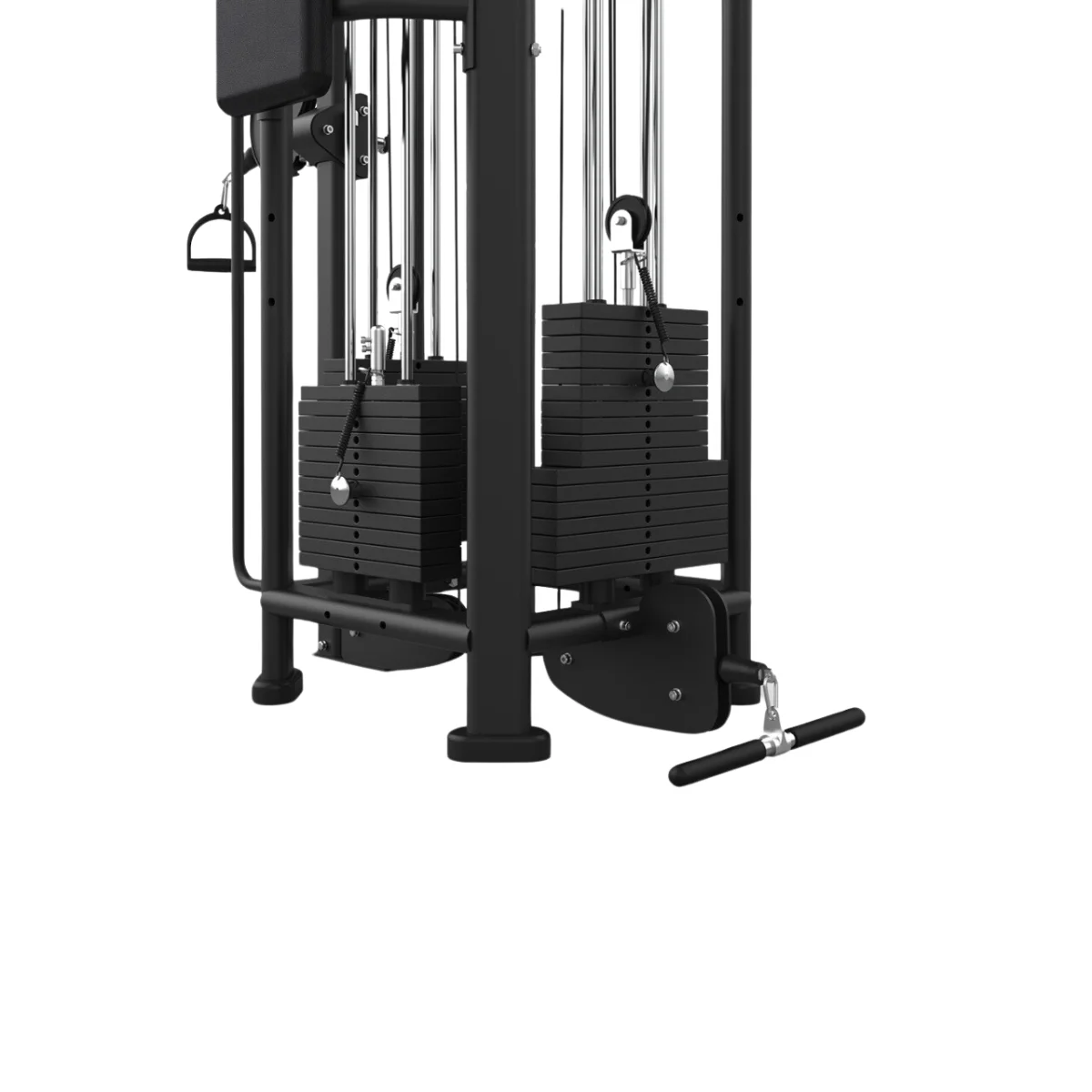 Une machine d'entraînement avec des poids noirs, des câbles et une poignée. La machine est sur un fond blanc.