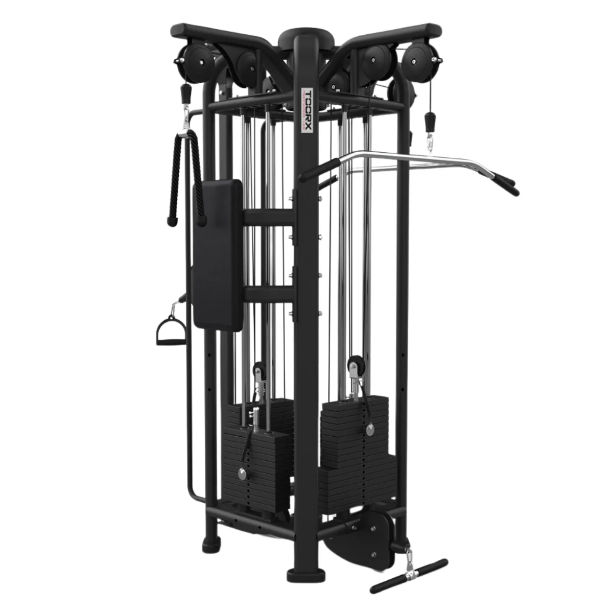 Une machine de musculation multi-stations noire avec des poids et des câbles.