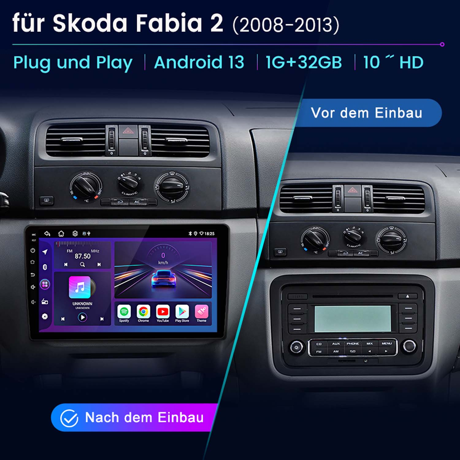 Ein Autoradio-Einbau davor und danach, mit Text auf Deutsch.