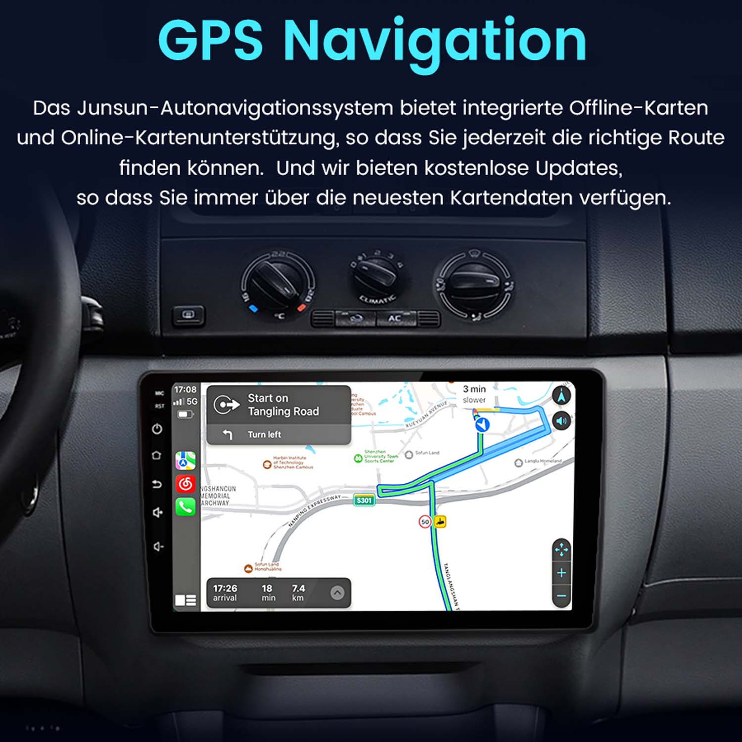 Armaturenbrett des Autos mit GPS-Navigationsbildschirm, der eine Karte und Routendetails anzeigt.