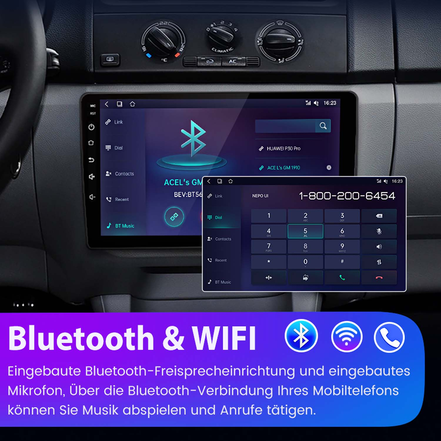 Autoradio-Bildschirm mit Bluetooth- und WLAN-Optionen, mit Ziffernblock und Telefonnummer.