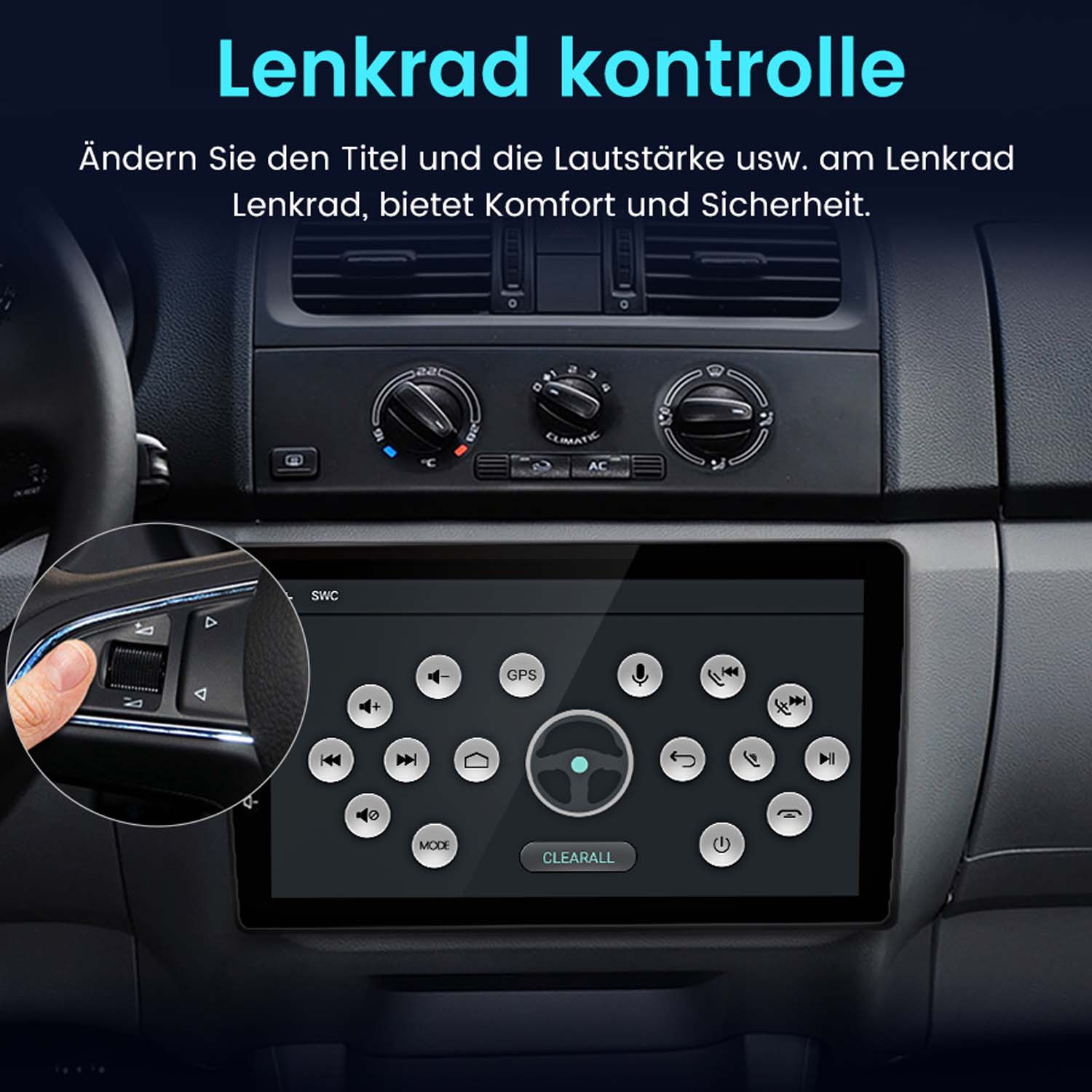 Autoradio-Bildschirm mit Steuertasten und einer Hand, die eine Taste am Lenkrad drückt.