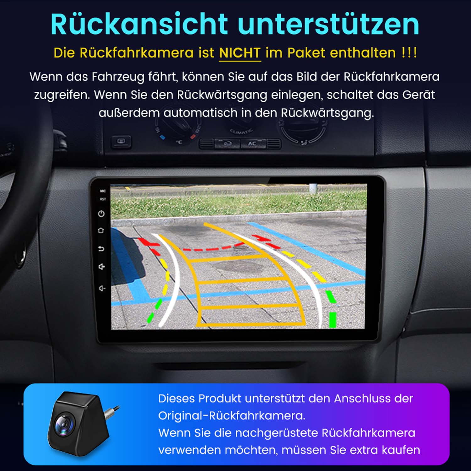 Auto-Infotainment-Bildschirm mit Rückfahrkamerabild und Richtlinien. Kamera unten gezeigt.