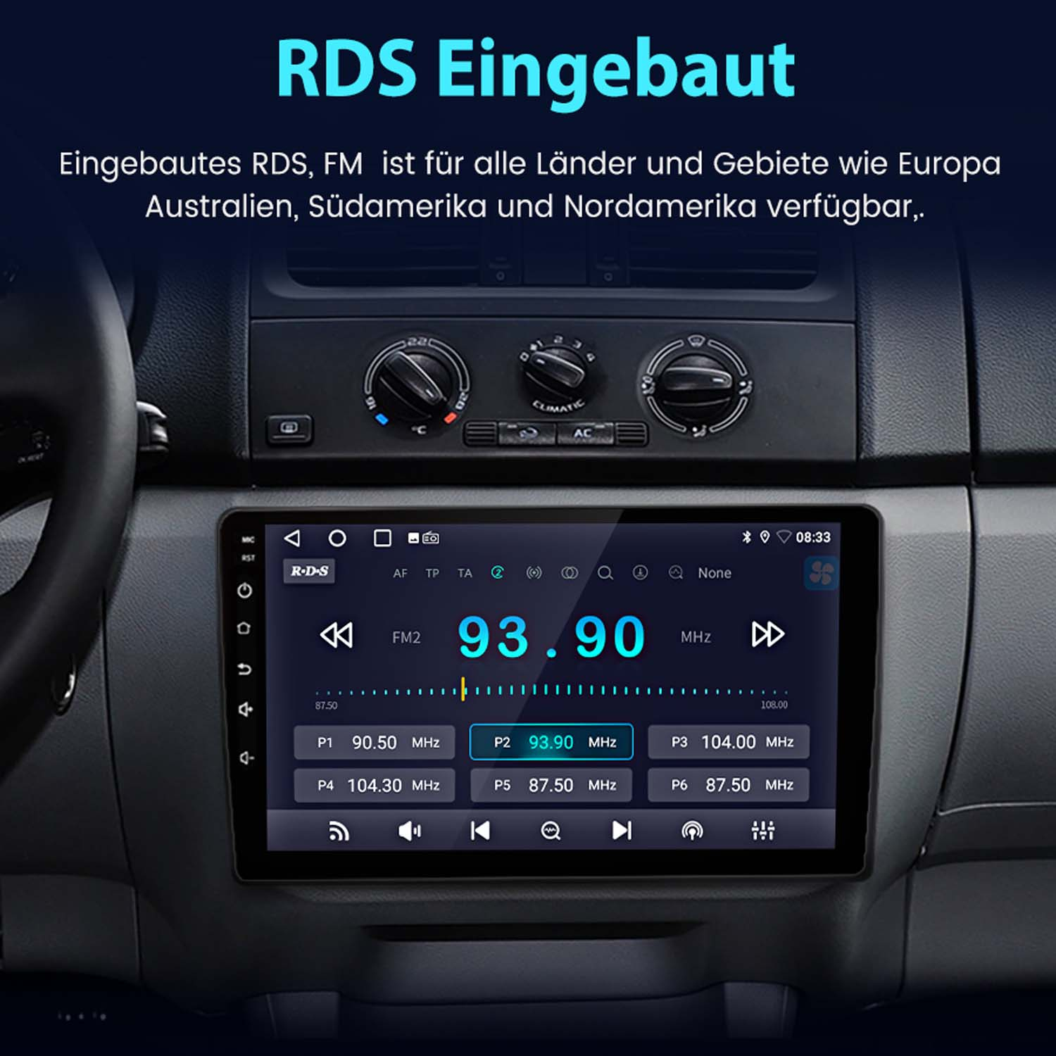 Autoradio zeigt Frequenz- und Stationsinformationen auf einem Bildschirm, mit Tasten darunter.