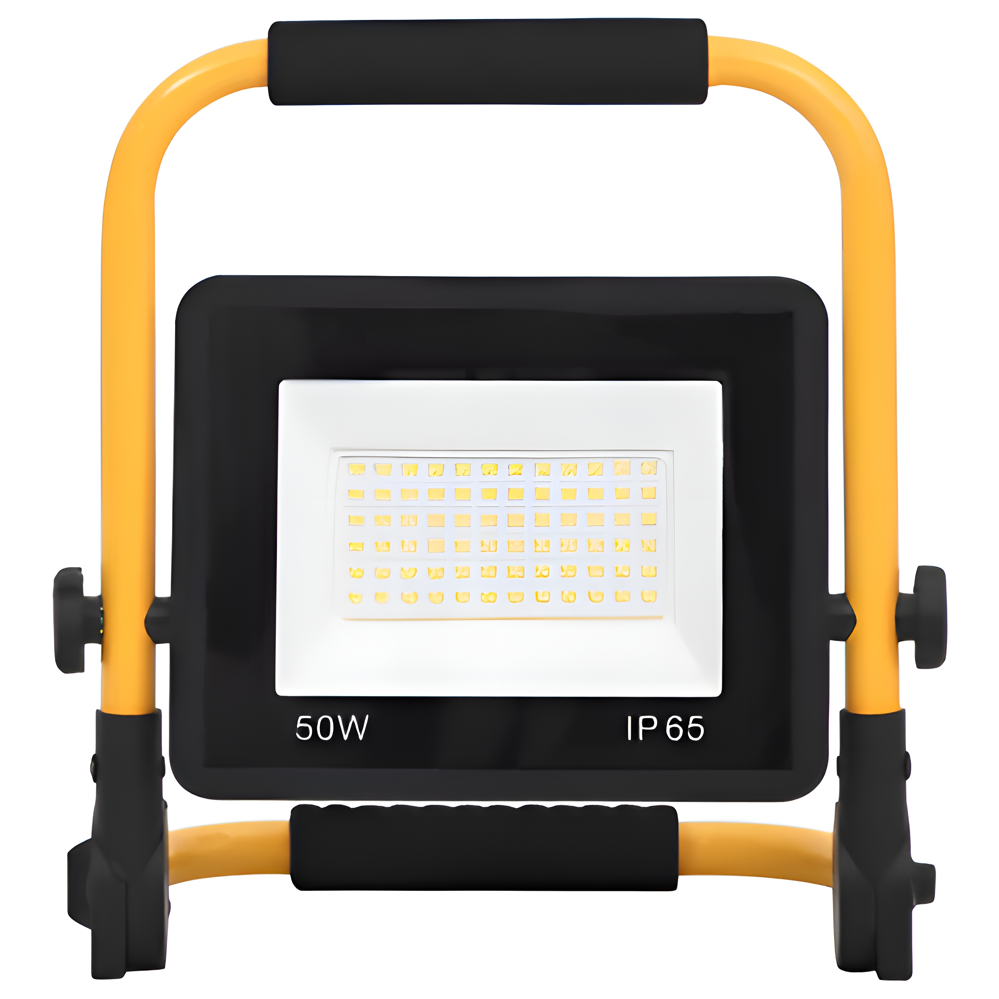 Ein schwarzer und gelber tragbarer Flutlichtstrahler mit hellem LED-Panel.