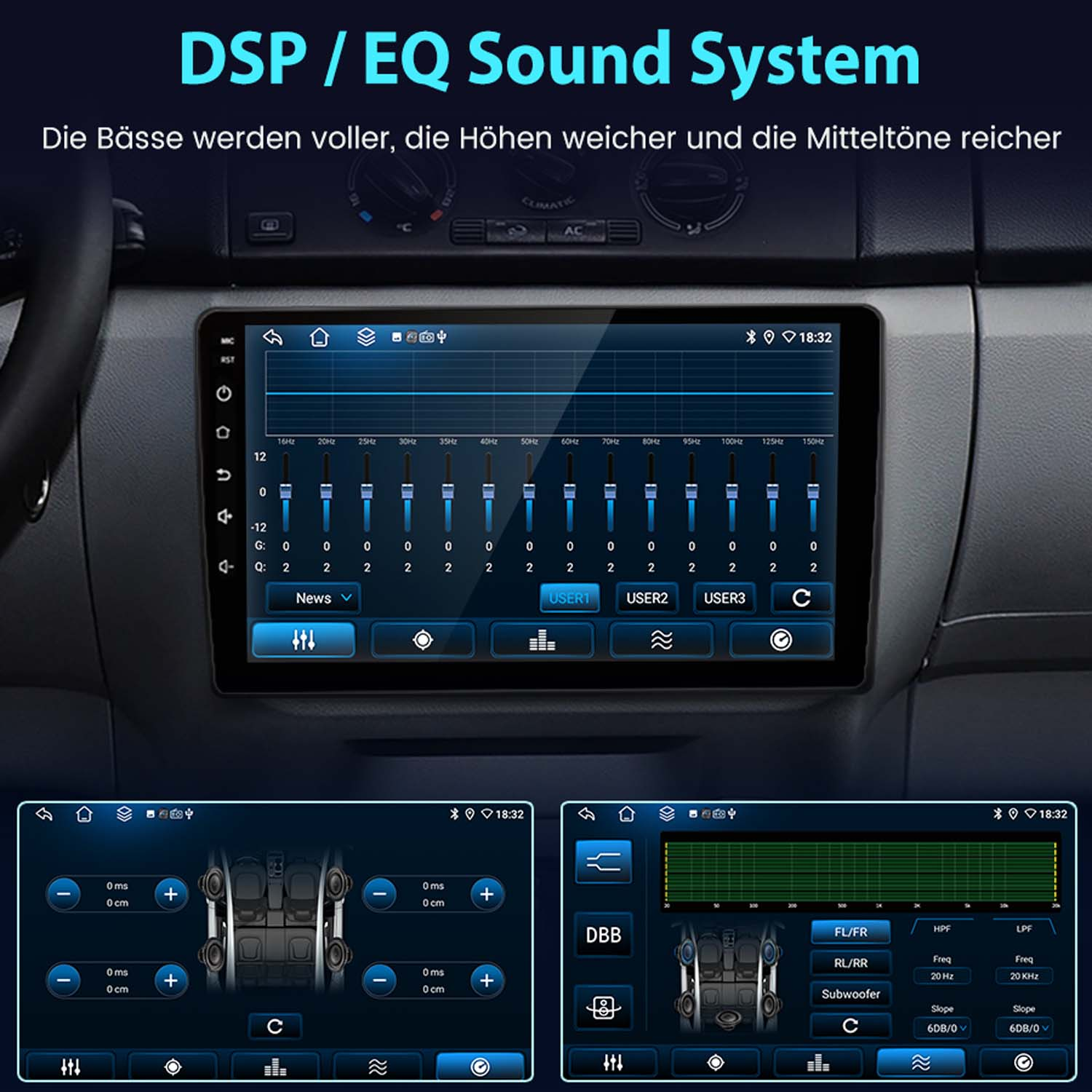 Bildschirm des Car-Multimedia-Systems mit Equalizer-Einstellungen und Autoradio-Bedienelementen. Armaturenbrettansicht.