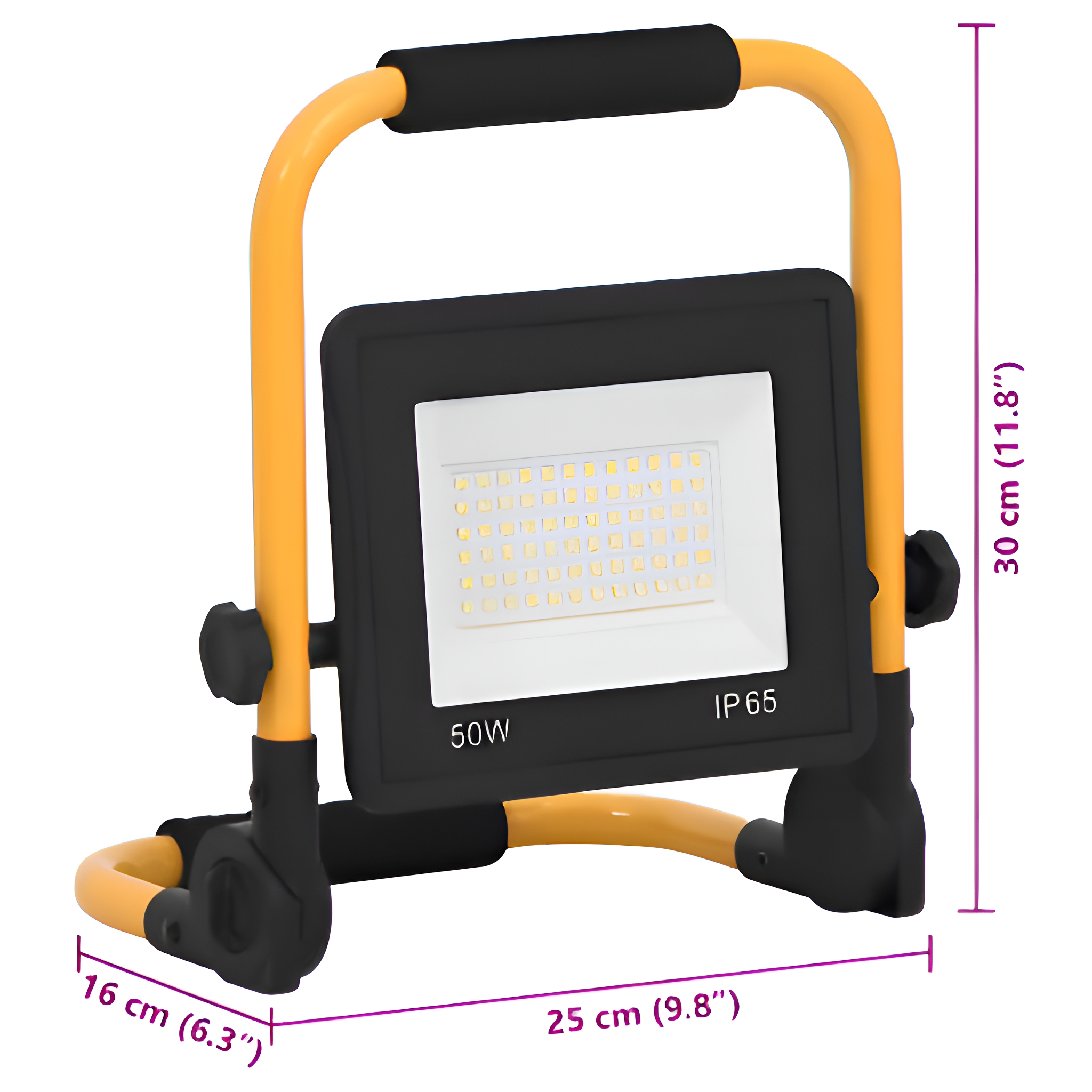 Gelb-schwarzer LED-Arbeitsscheinwerfer. 50W, IP65. Maße: 25cm x 16cm x 30cm.