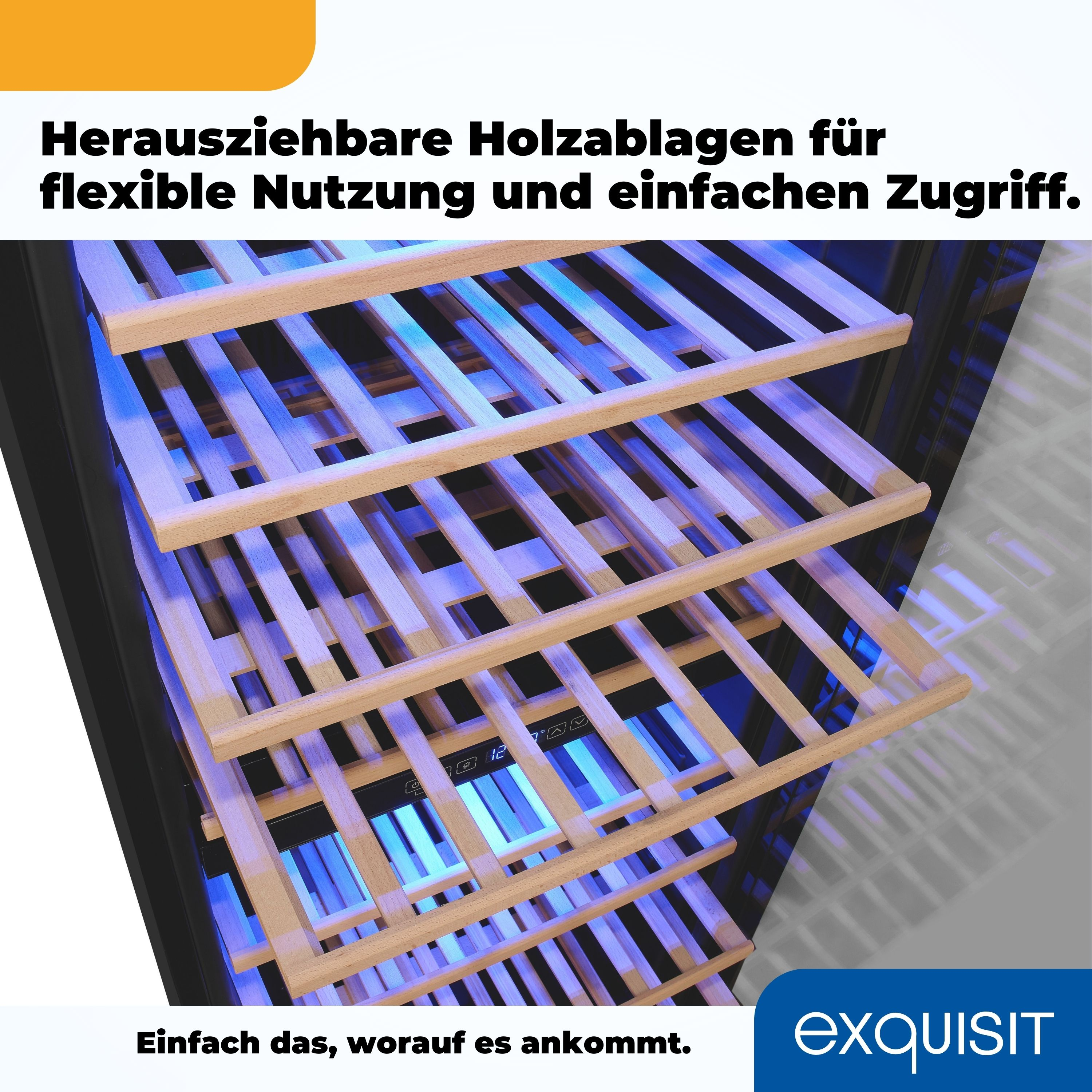 Estante para vinos con estantes de madera e iluminación azul.