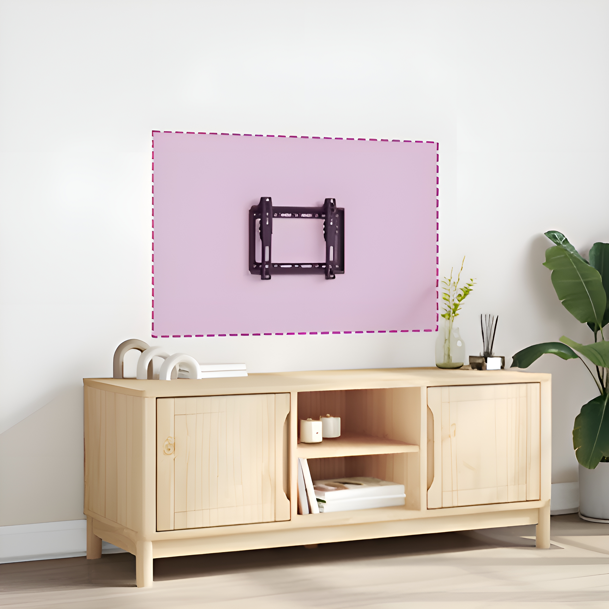 Eine TV-Halterung an einer weißen Wand mit einem Holzschrank und einer Pflanze im Vordergrund installiert.