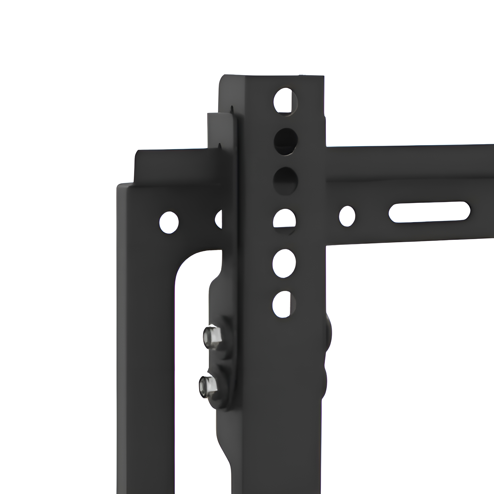 Schwarze Metallhalterung mit Löchern für Schrauben. Nahaufnahme.