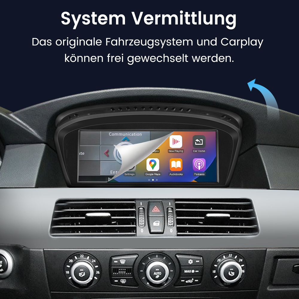Auto-Armaturenbrett mit Bildschirm, der Navigation und CarPlay-Oberfläche zeigt.