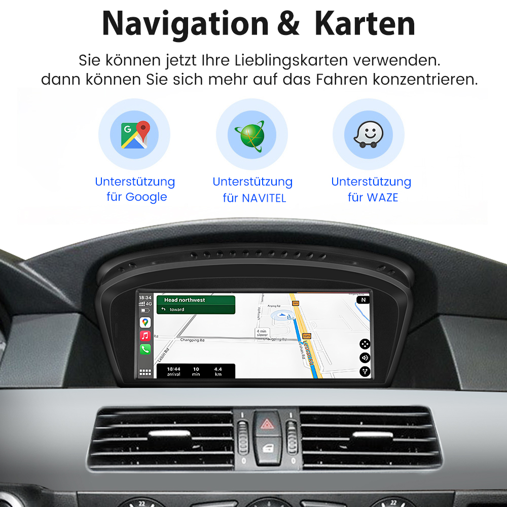 Ein Armaturenbrett zeigt einen Navigationsbildschirm. Symbole für Google, Navitel und Waze.