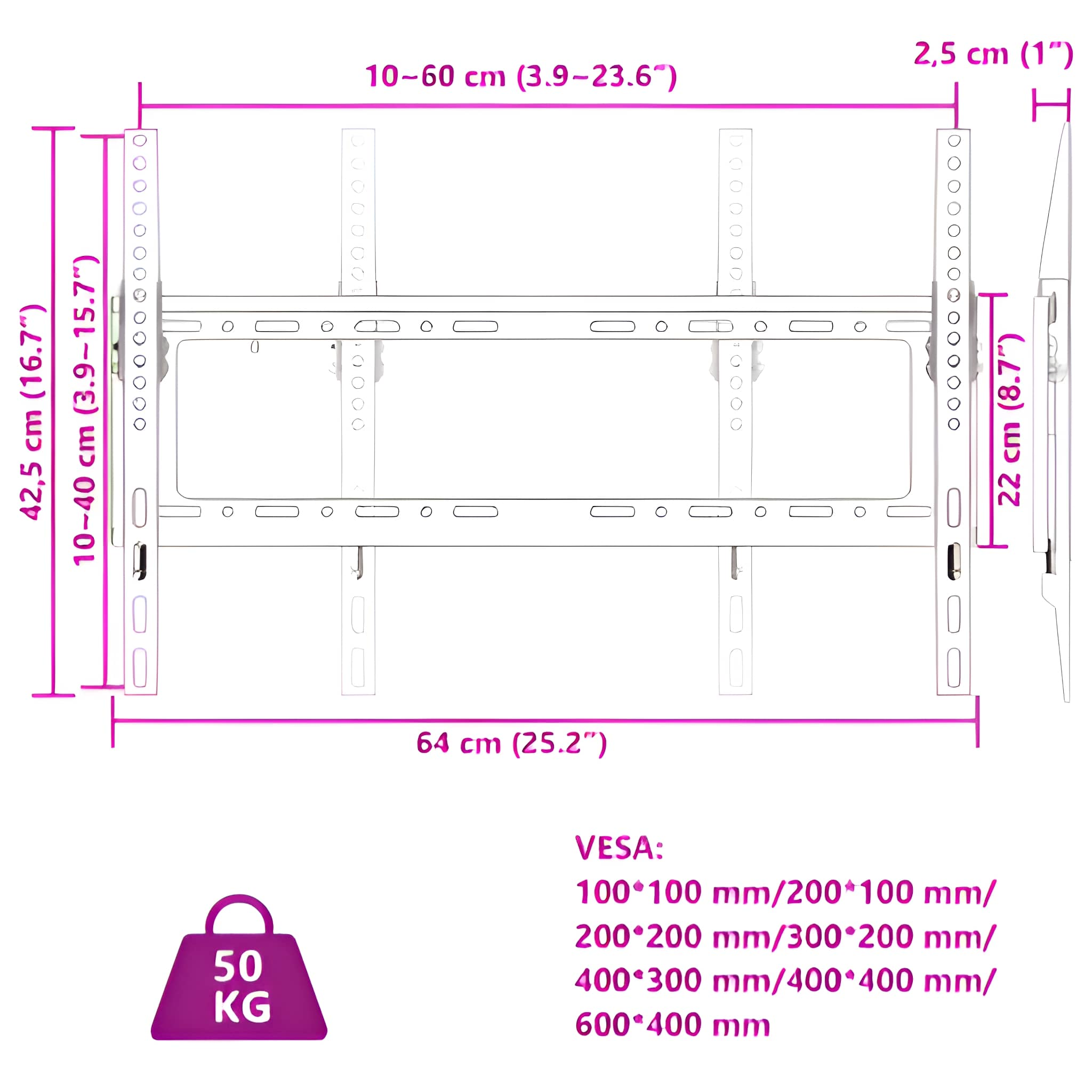 Eine schwarze TV-Halterung mit Maßen und einer Tragfähigkeit von 50 kg, mit Abmessungen.