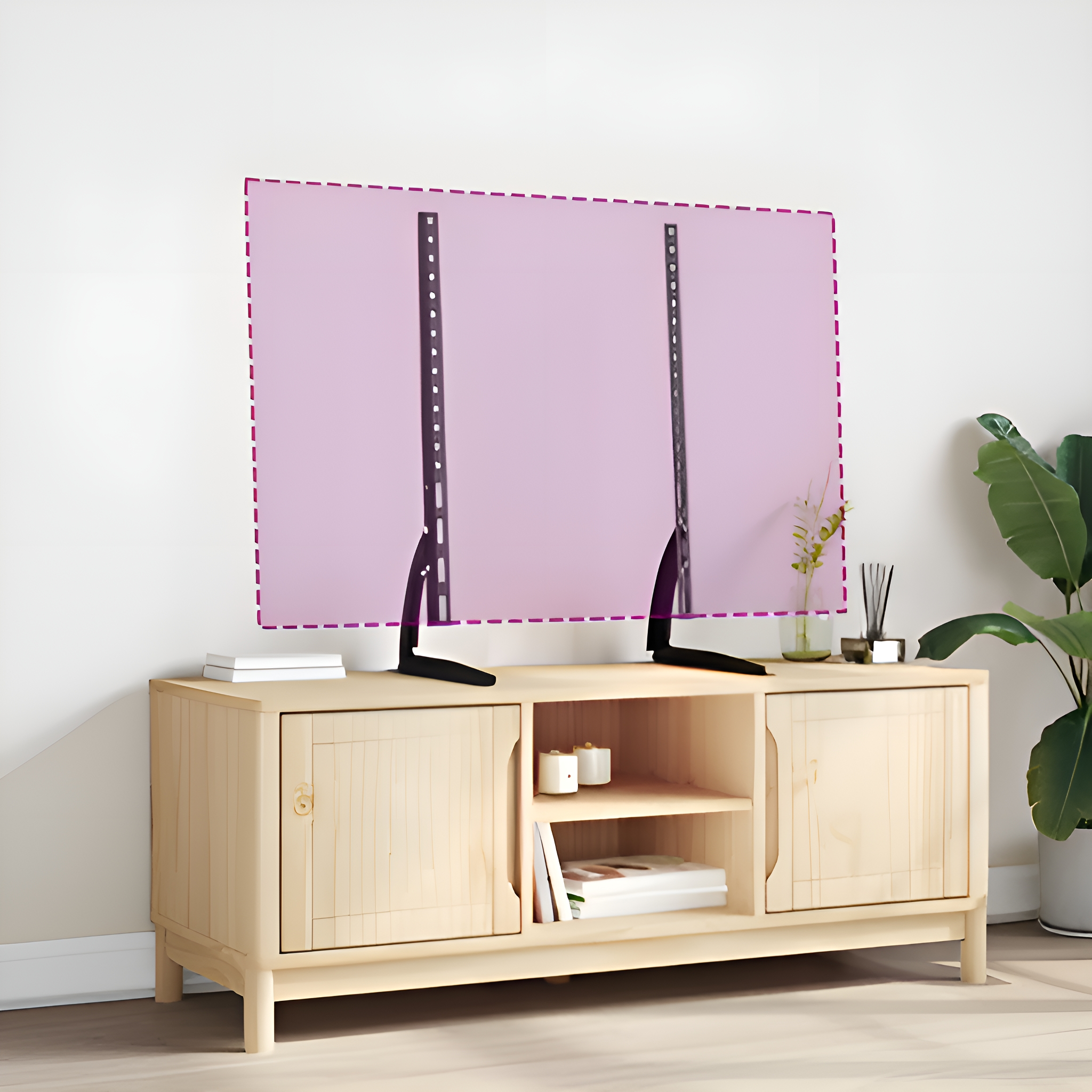 TV-Ständer mit TV-Halterung, Holzschrank, Pflanze und weißer Wand.