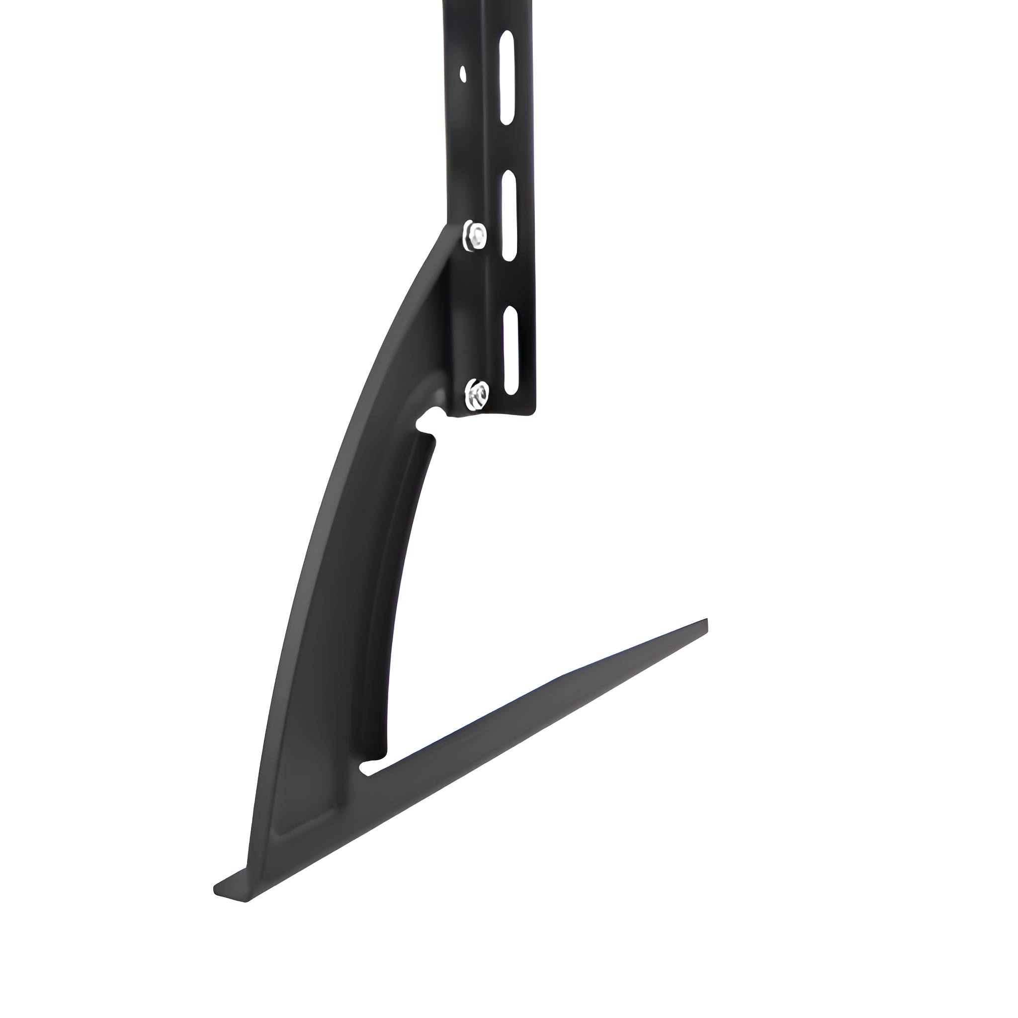 Eine schwarze Halterung für einen Fernseher, an der Wand montiert. Die Halterung hat ein abgewinkeltes Design.