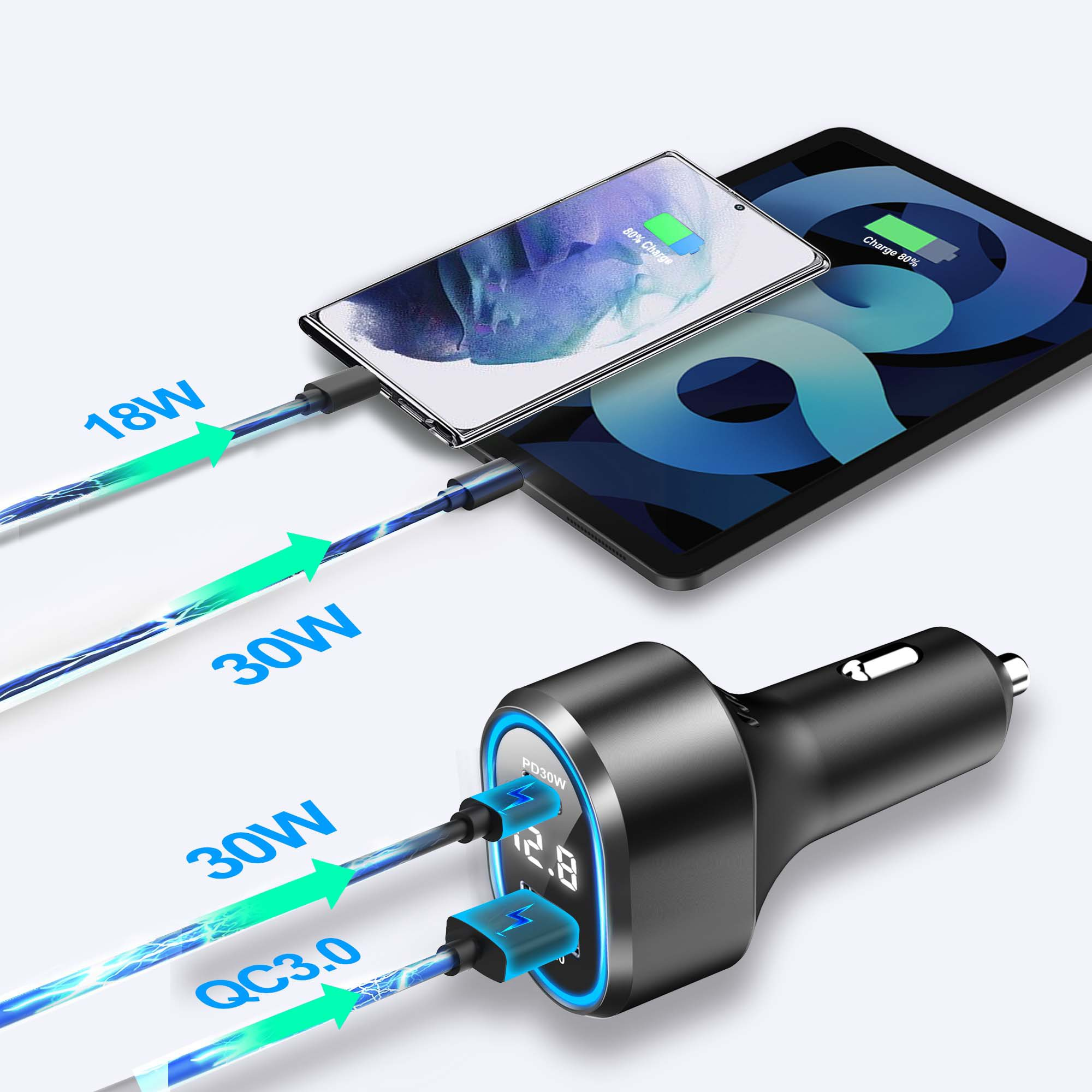 Configuration de charge : deux appareils se chargent via USB, avec les détails de l'alimentation, sur fond bleu.