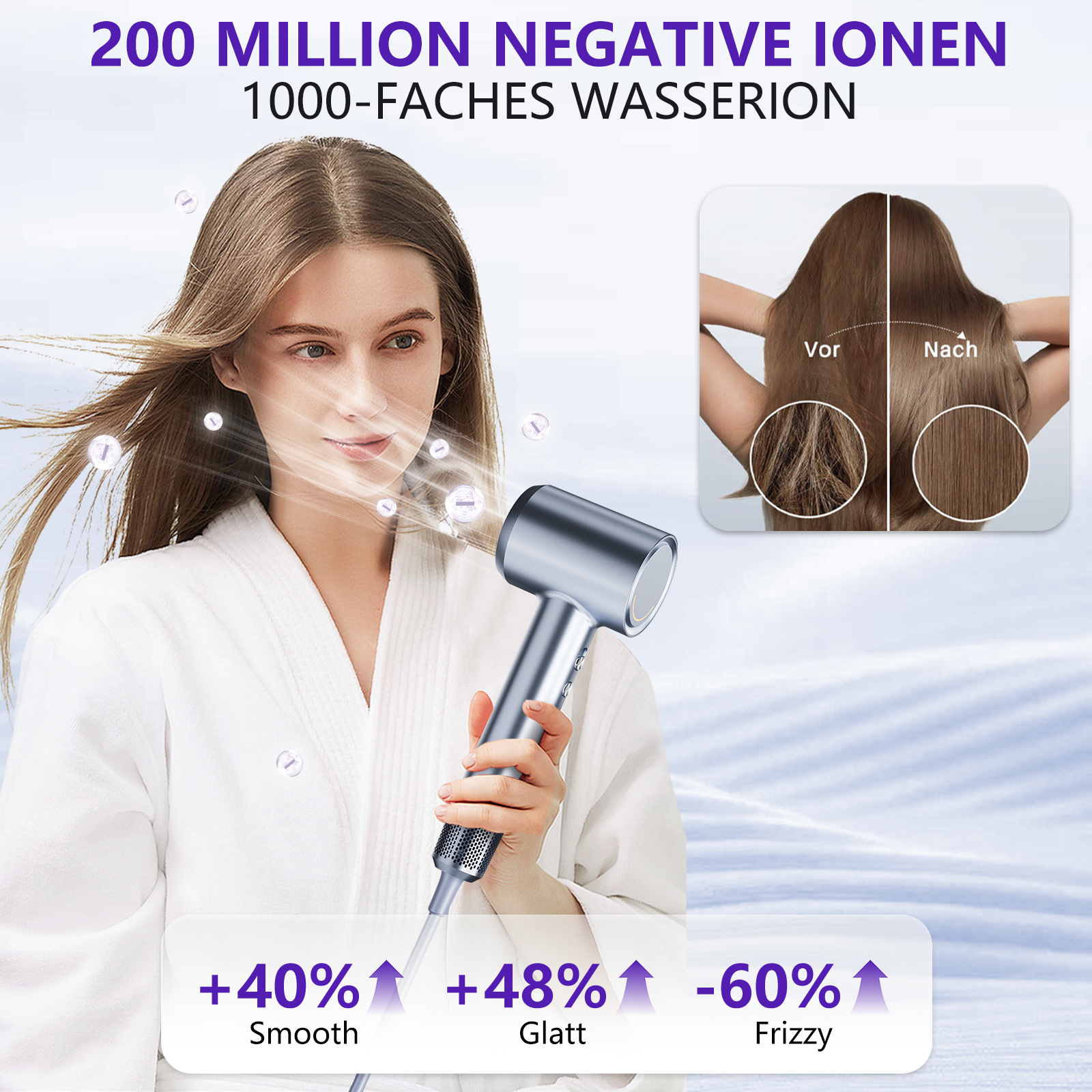 Eine Frau, die einen silbernen Fön benutzt. Haarbilder zeigen Vorher-Nachher-Gebrauch. Text: 200 Millionen negative Ionen.