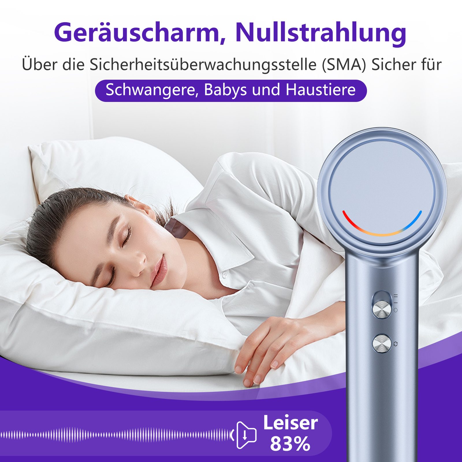 Schlafende Frau mit blauem Luftreiniger und Text über Sicherheit.