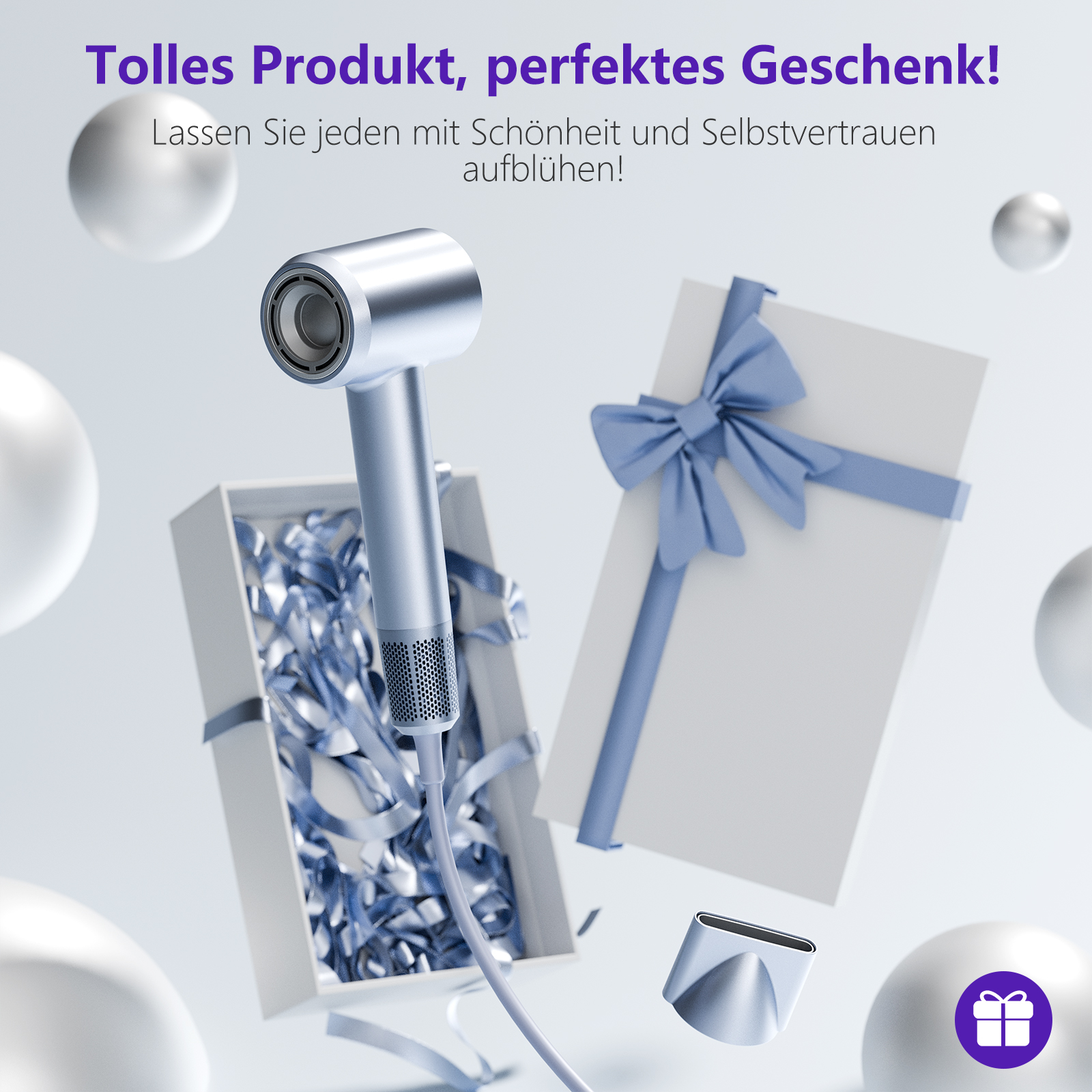 Ein Haartrockner in einer Geschenkbox mit Schleifen und Kugeln.