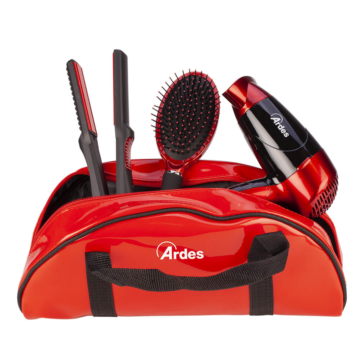 Czerwona torba z narzędziami do stylizacji włosów: prostownica, lokówka, szczotka i suszarka.