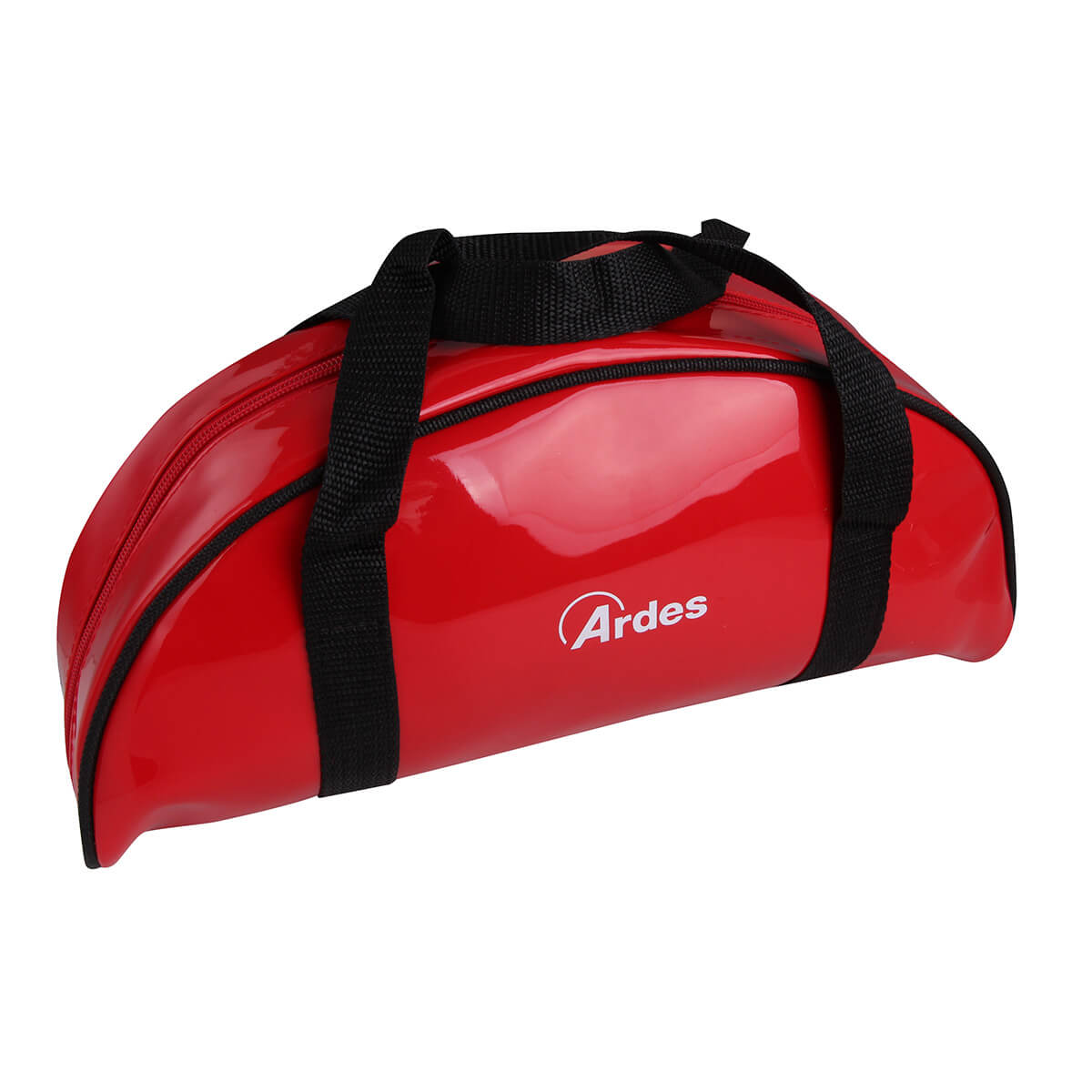 Czerwona, błyszcząca, półokrągła torba z czarnymi uchwytami, logo Ardes i zamkiem błyskawicznym.